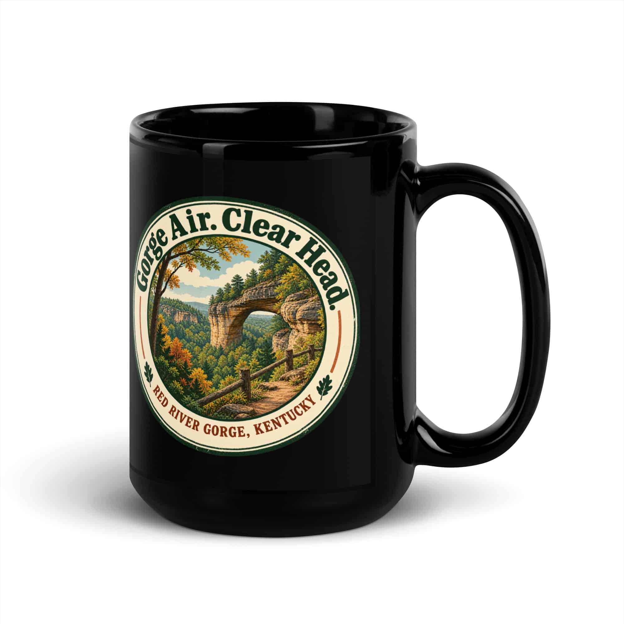 Red River Gorge Black Coffee Mug: Gorge Air. Clear Head, Vintage Round Badge