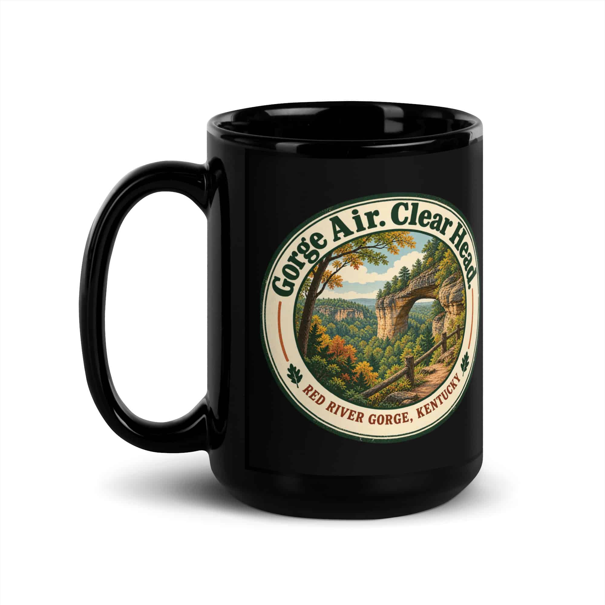 Red River Gorge Black Coffee Mug: Gorge Air. Clear Head, Vintage Round Badge