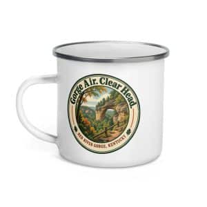 Red River Gorge Enamel Camp Mug: Gorge Air. Clear Head, Vintage Round Badge - 12 oz - Left