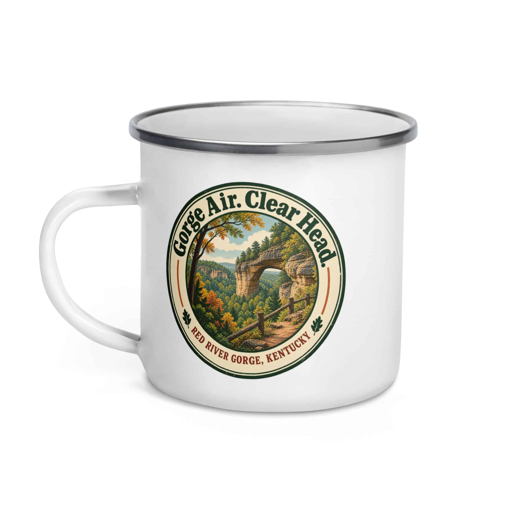 Red River Gorge Enamel Camp Mug: Gorge Air. Clear Head, Vintage Round Badge