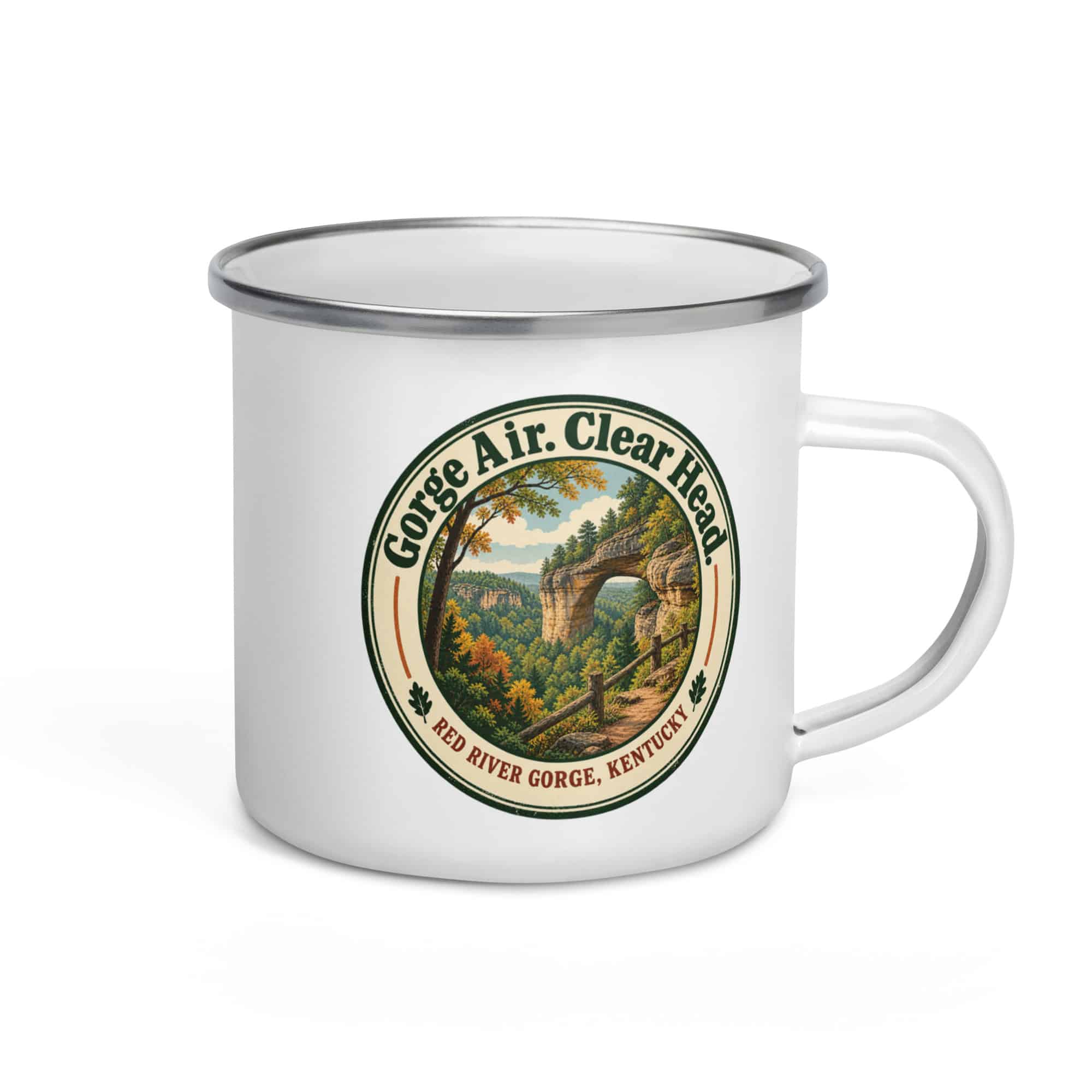 Red River Gorge Enamel Camp Mug: Gorge Air. Clear Head, Vintage Round Badge