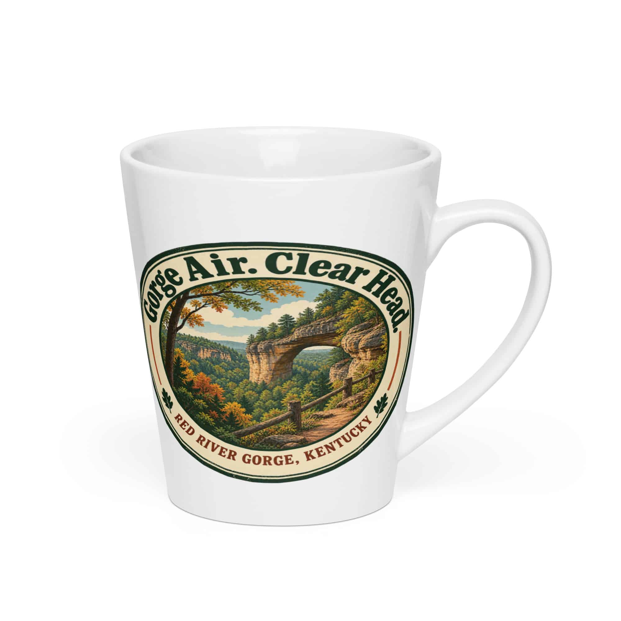Red River Gorge Latte Mug: Gorge Air. Clear Head, Vintage Round Badge