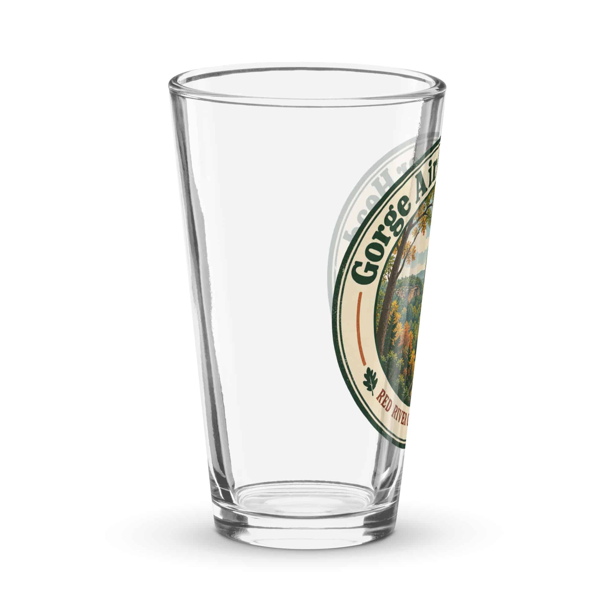 Red River Gorge Pint Glass: Gorge Air. Clear Head, Vintage Round Badge