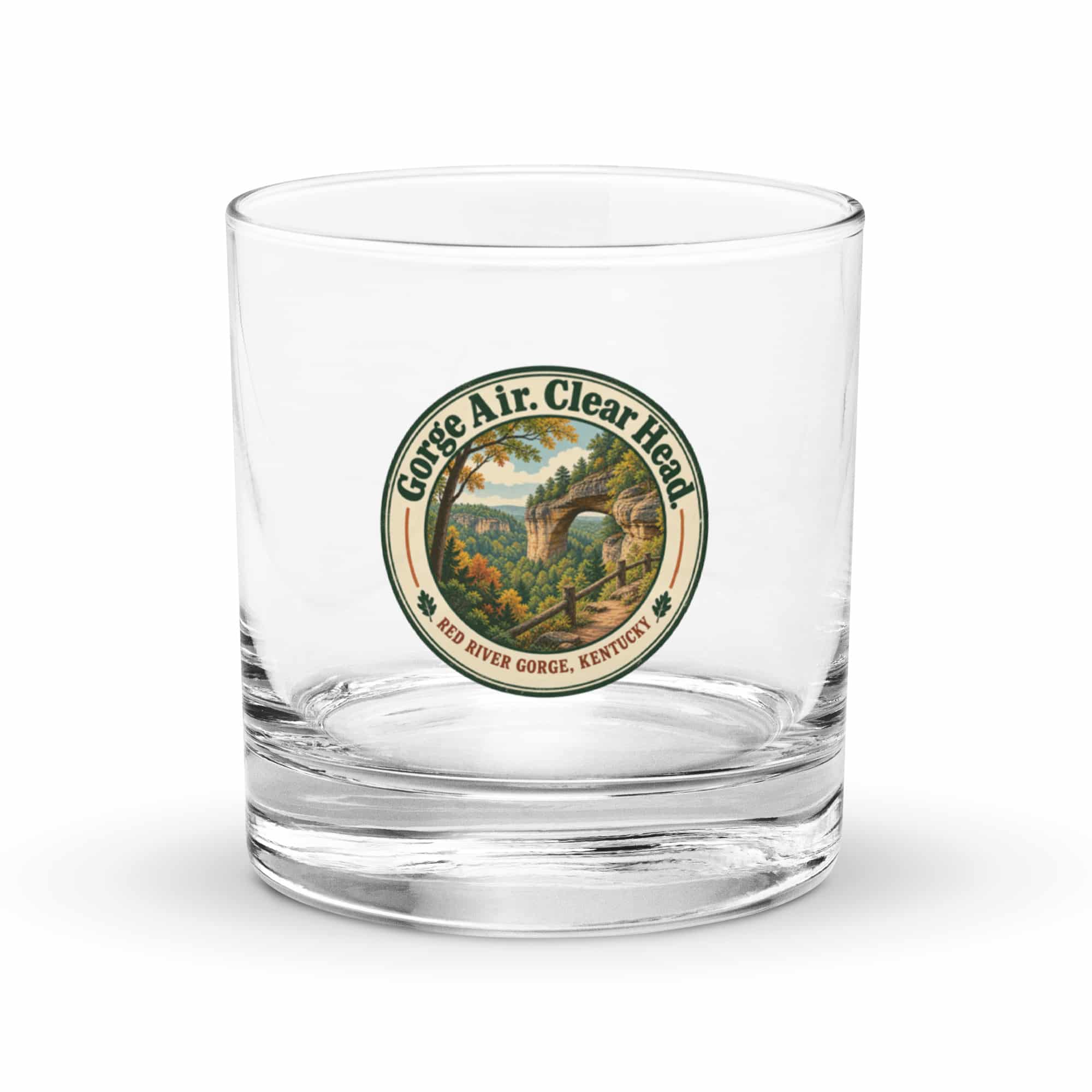 Red River Gorge Rocks Glass: Gorge Air. Clear Head, Vintage Round Badge
