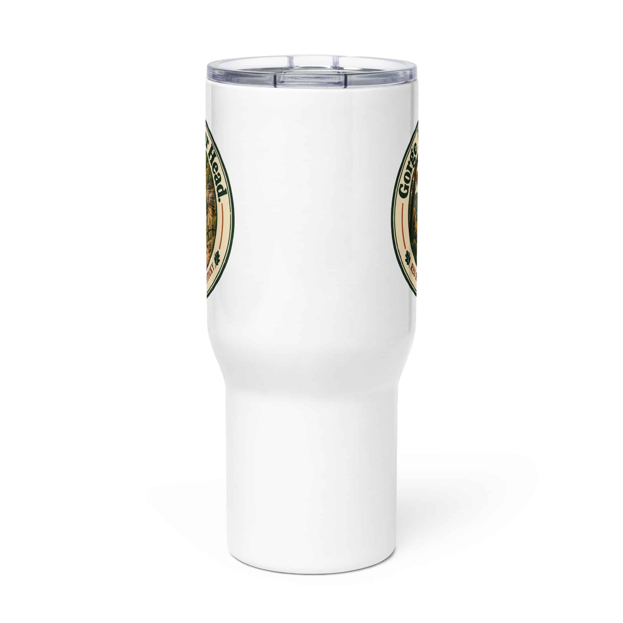 Red River Gorge Travel Mug: Gorge Air. Clear Head, Vintage Round Badge