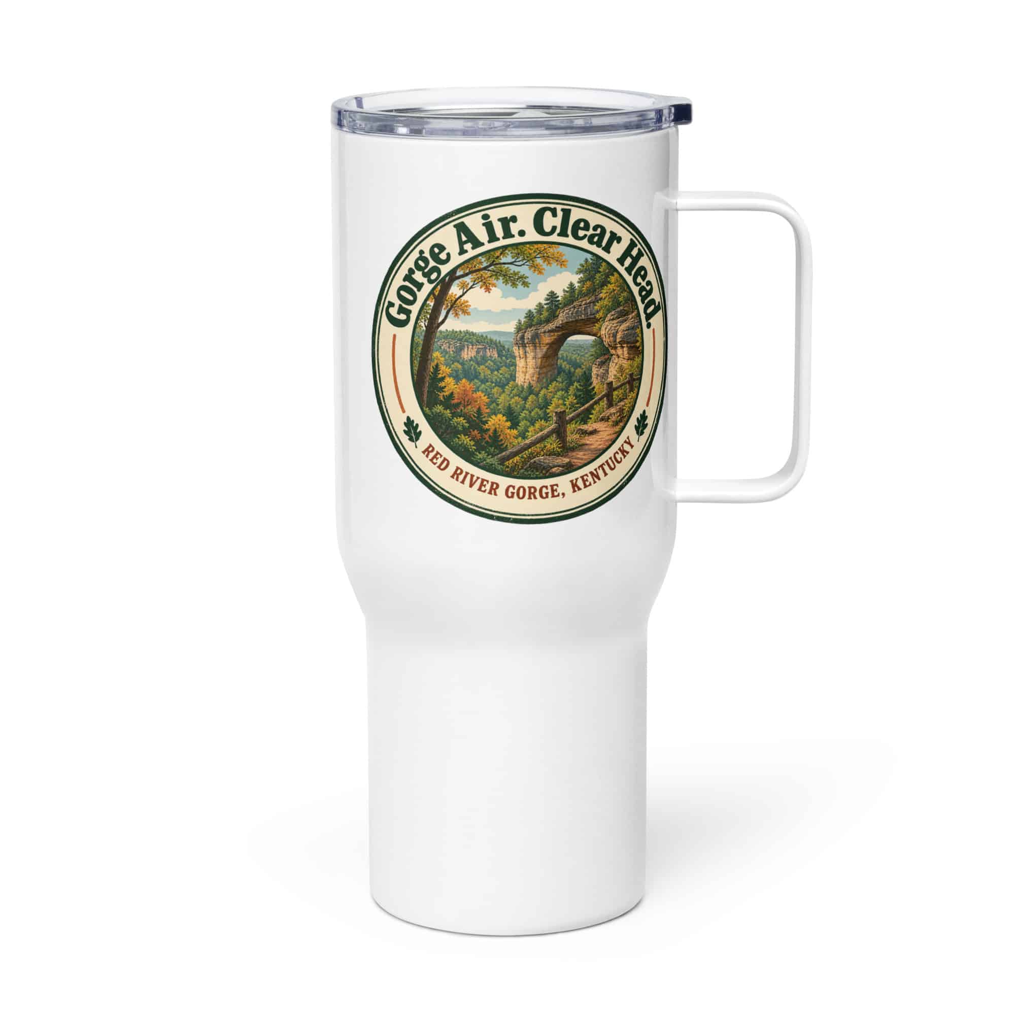 Red River Gorge Travel Mug: Gorge Air. Clear Head, Vintage Round Badge