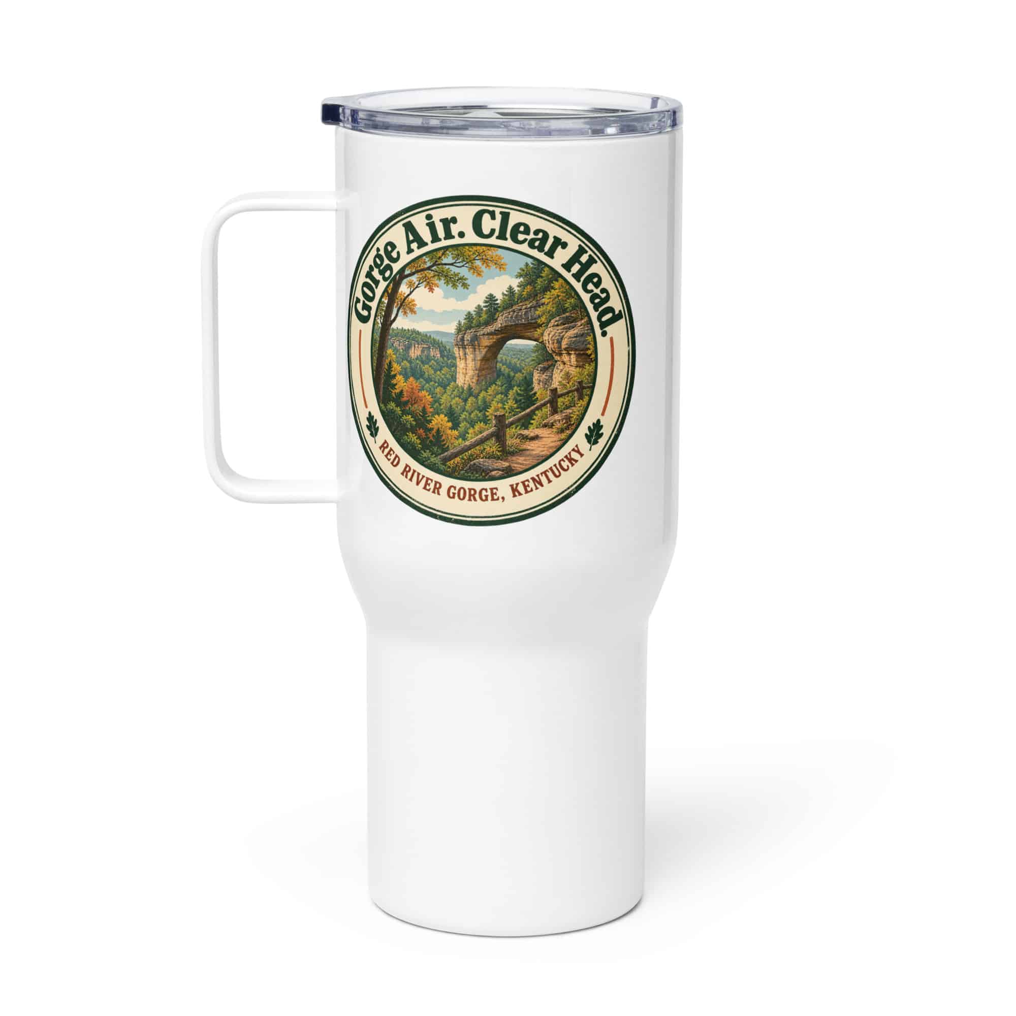 Red River Gorge Travel Mug: Gorge Air. Clear Head, Vintage Round Badge