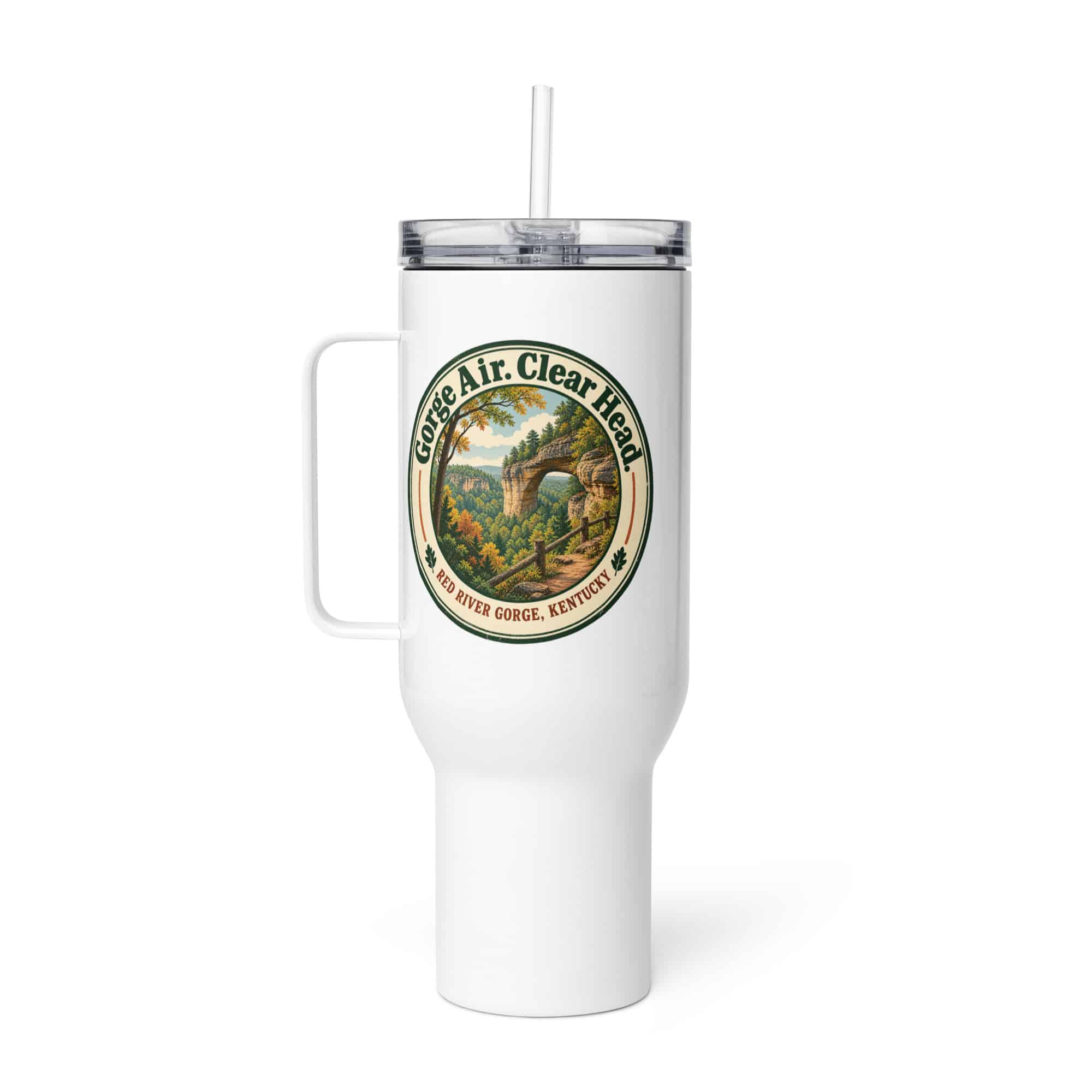 Red River Gorge Travel Mug: Gorge Air. Clear Head, Vintage Round Badge