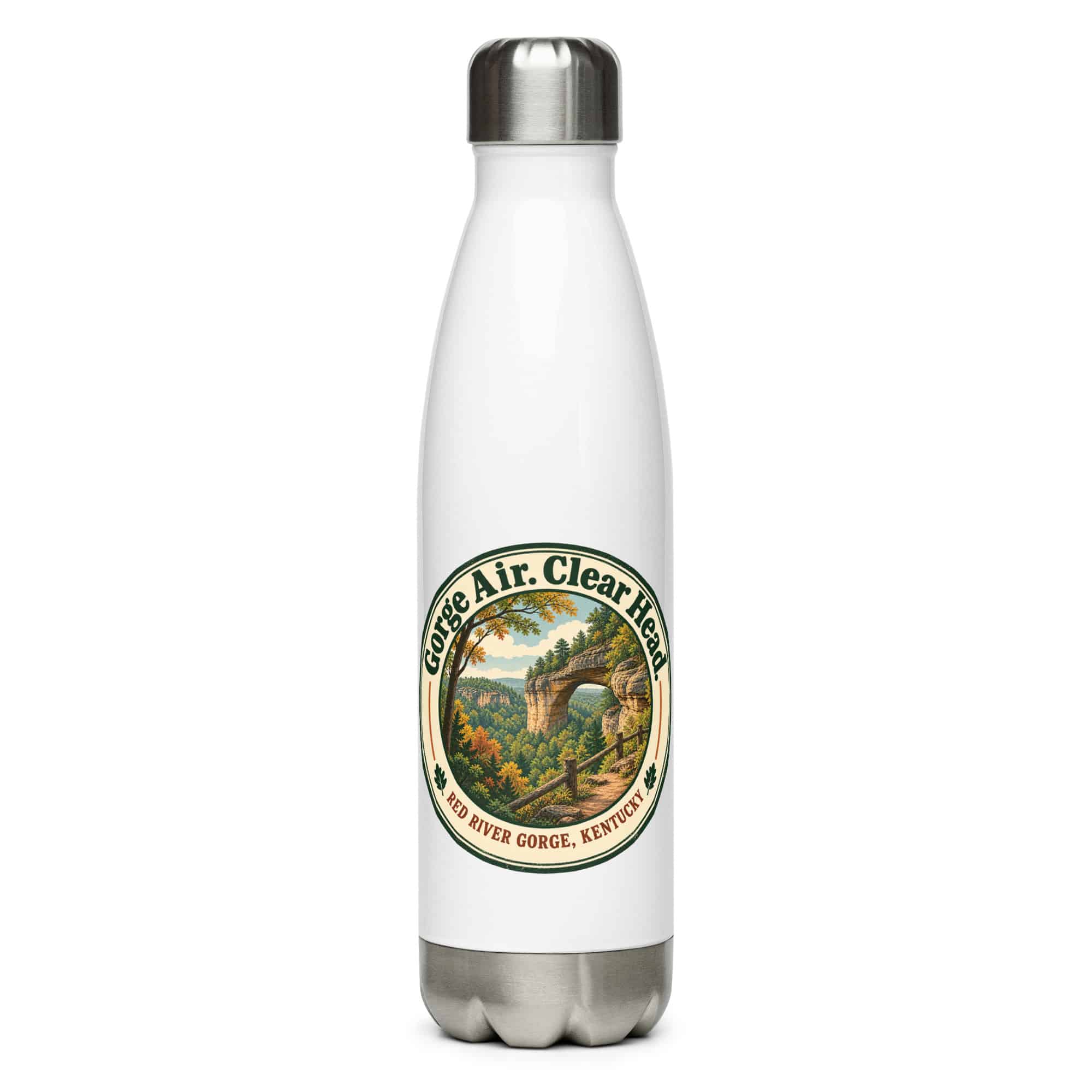 Red River Gorge Stainless Steel Water Bottle: Gorge Air. Clear Head, Vintage Round Badge