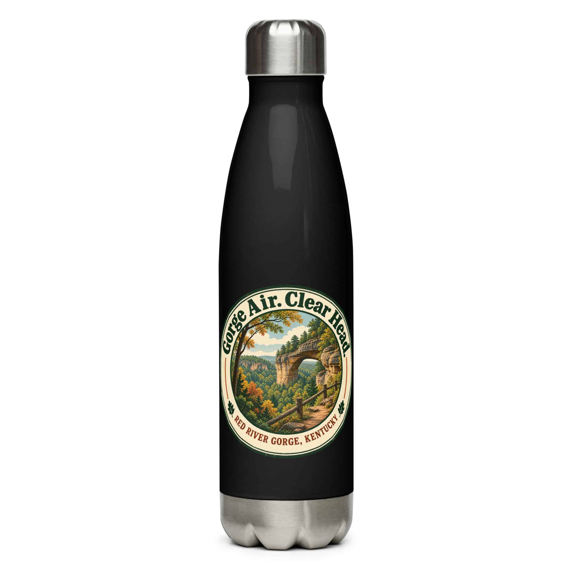 Red River Gorge Stainless Steel Water Bottle: Gorge Air. Clear Head, Vintage Round Badge