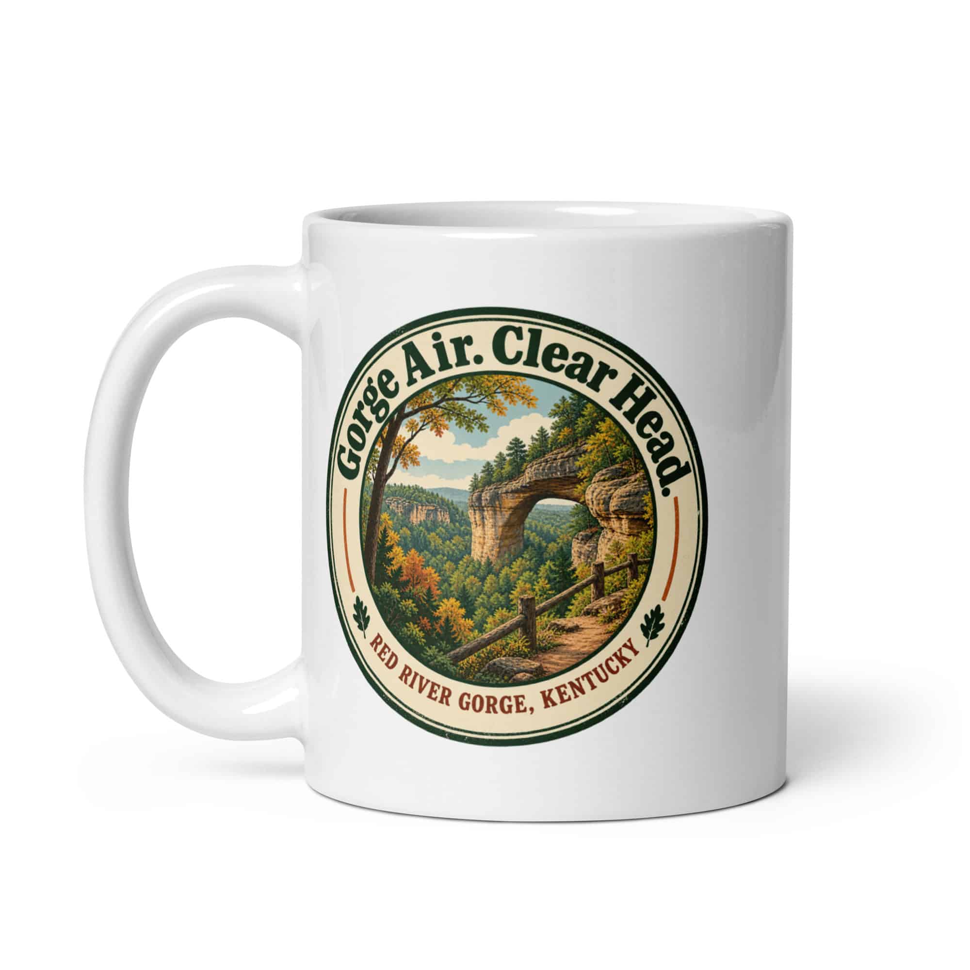 Red River Gorge White Ceramic Coffee Mug: Gorge Air. Clear Head, Vintage Round Badge
