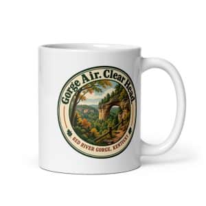 Red River Gorge White Ceramic Coffee Mug: Gorge Air. Clear Head, Vintage Round Badge - 11 oz - Main