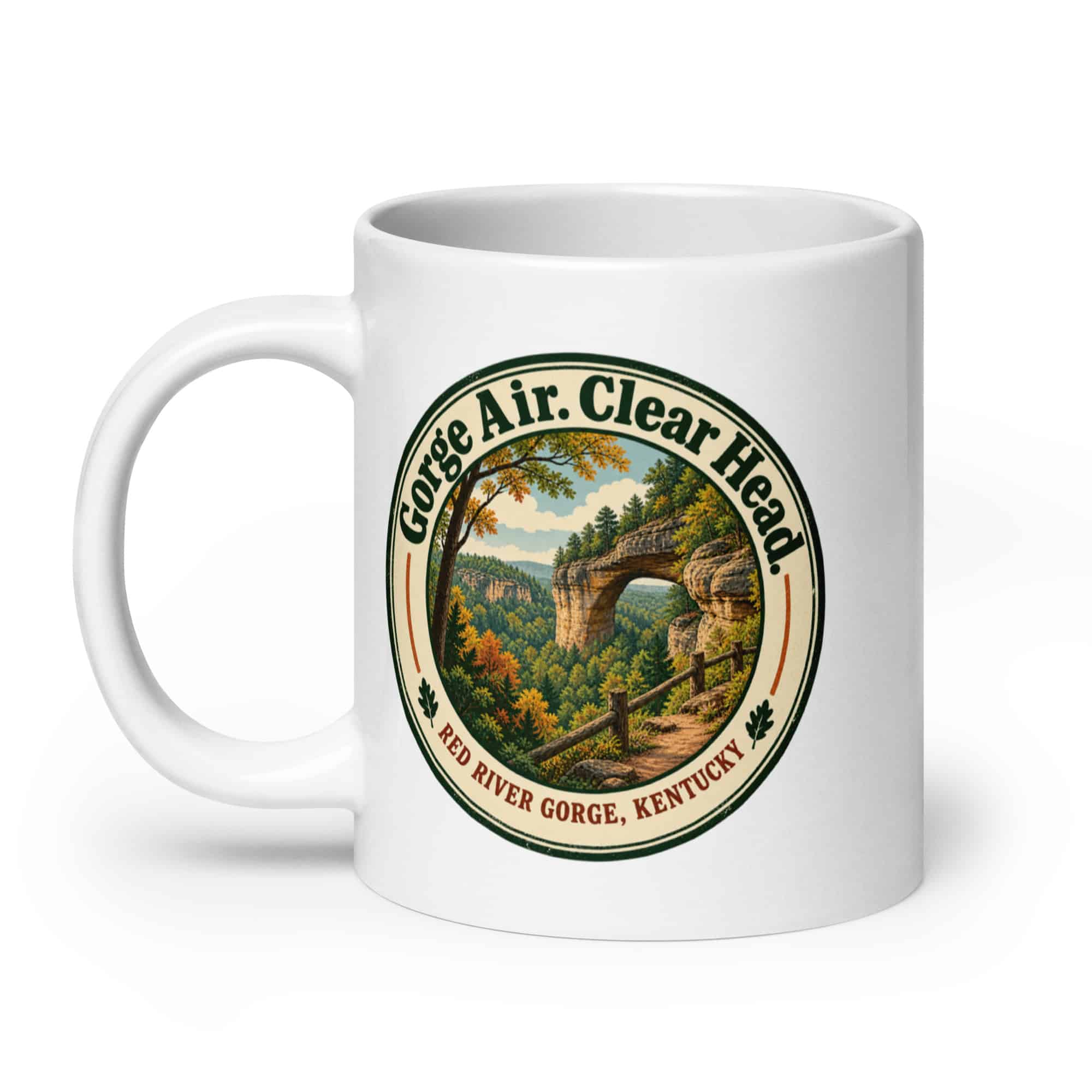 Red River Gorge White Ceramic Coffee Mug: Gorge Air. Clear Head, Vintage Round Badge