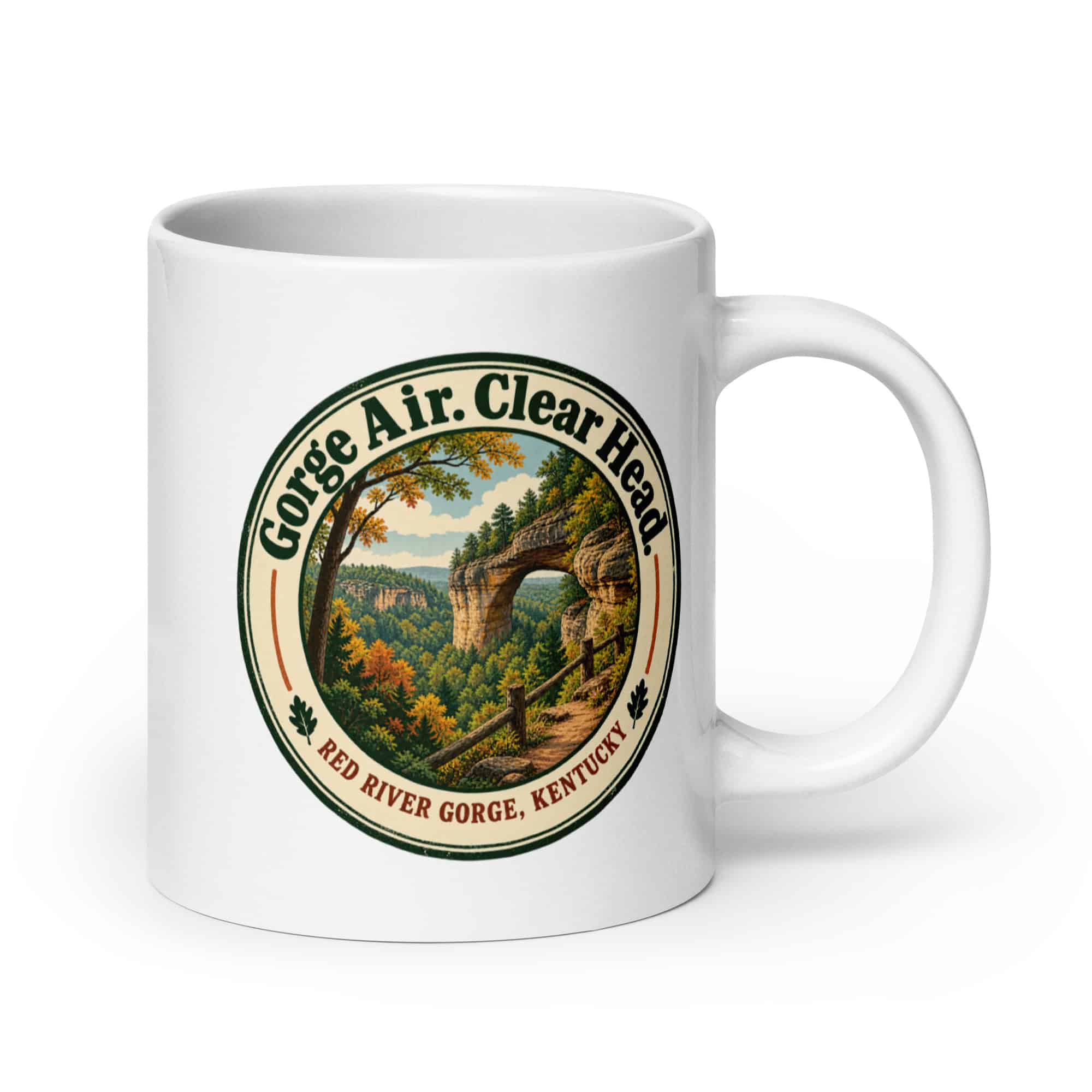 Red River Gorge White Ceramic Coffee Mug: Gorge Air. Clear Head, Vintage Round Badge
