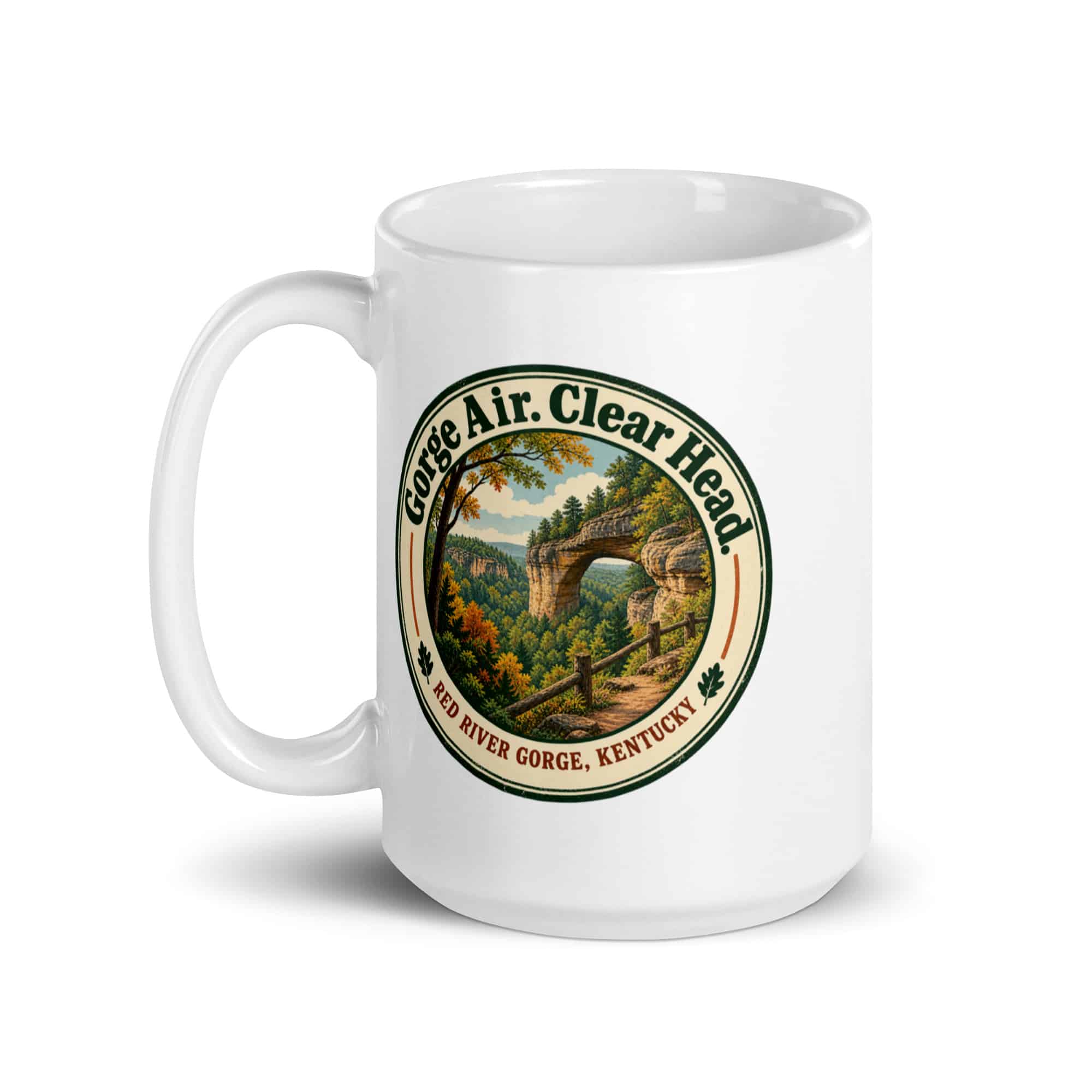 Red River Gorge White Ceramic Coffee Mug: Gorge Air. Clear Head, Vintage Round Badge