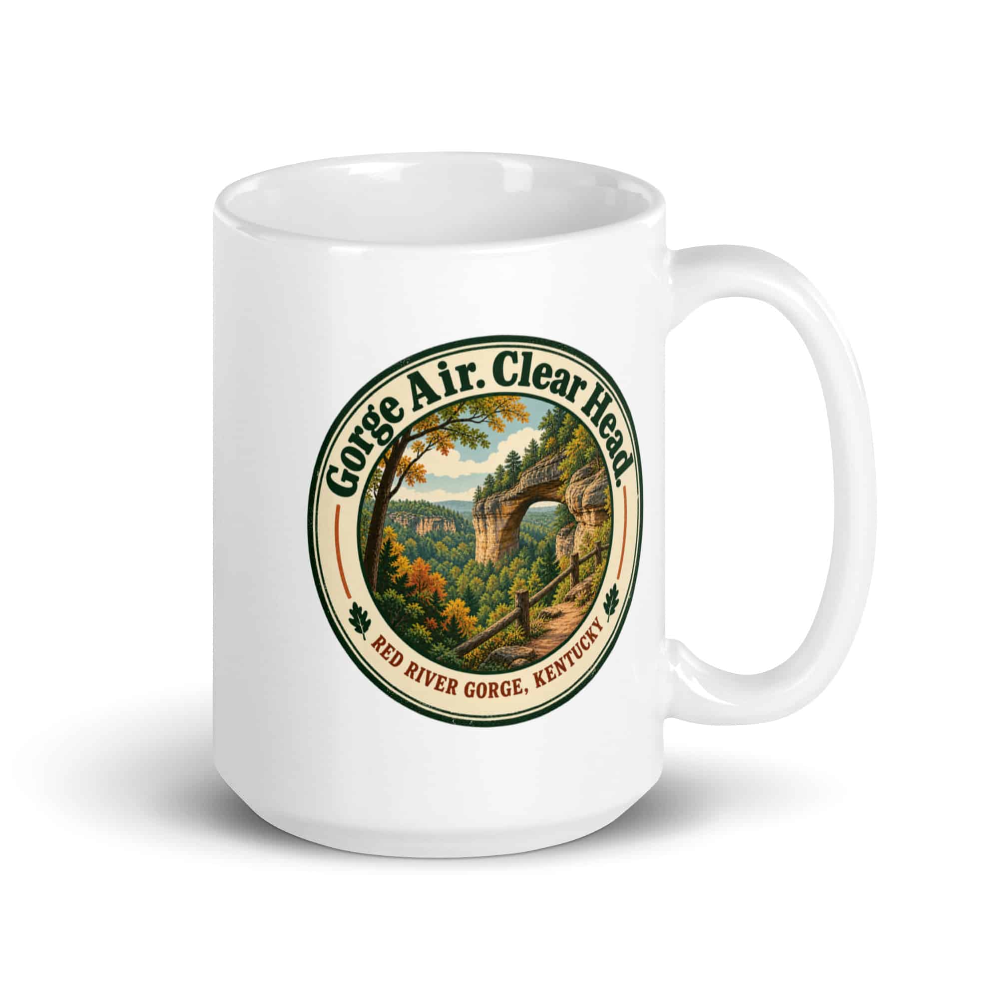 Red River Gorge White Ceramic Coffee Mug: Gorge Air. Clear Head, Vintage Round Badge