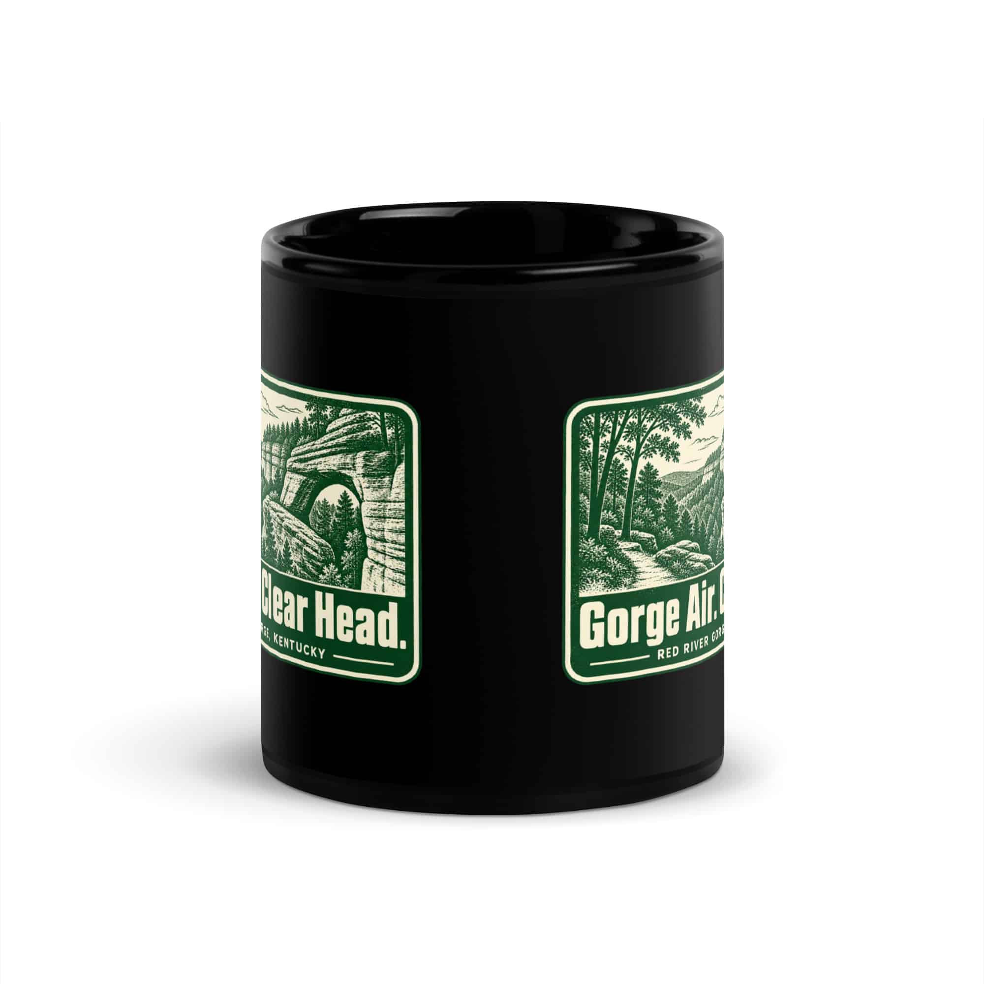 Red River Gorge Black Coffee Mug: Gorge Air. Clear Head, Forest Ink Stamp
