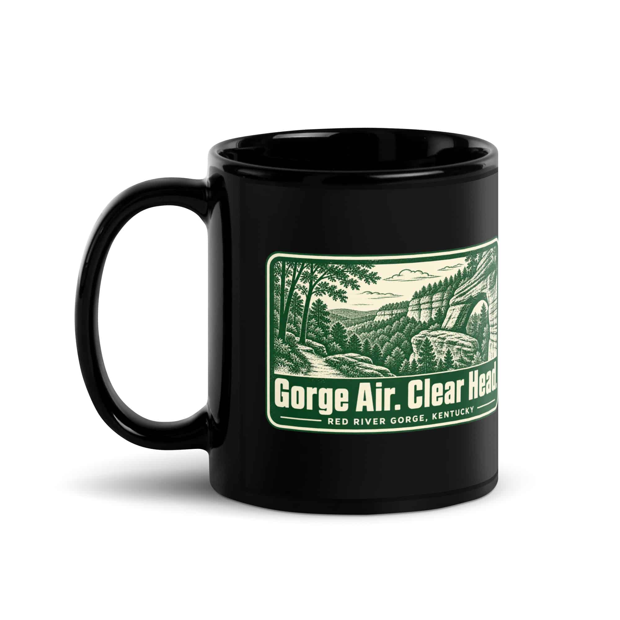 Red River Gorge Black Coffee Mug: Gorge Air. Clear Head, Forest Ink Stamp