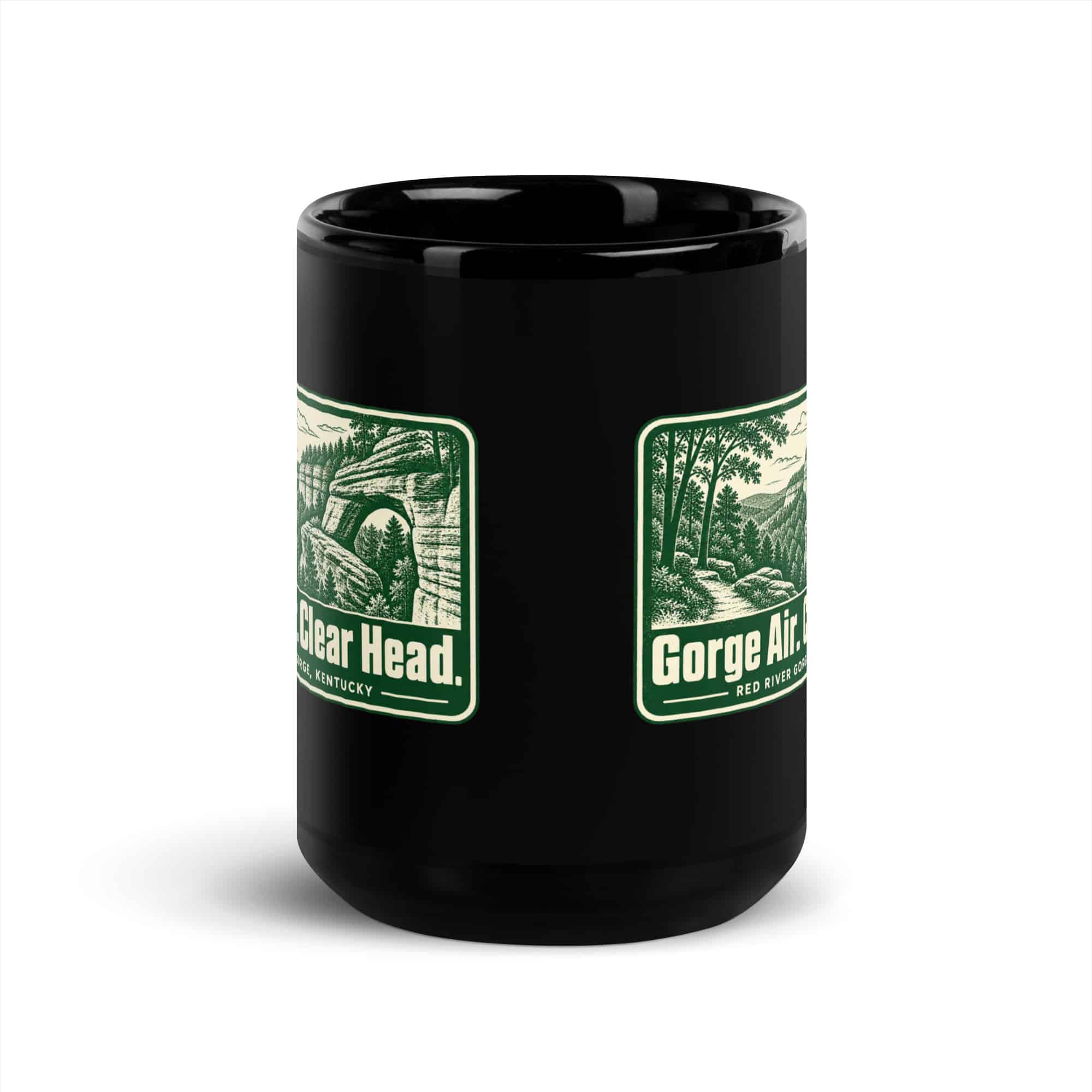 Red River Gorge Black Coffee Mug: Gorge Air. Clear Head, Forest Ink Stamp