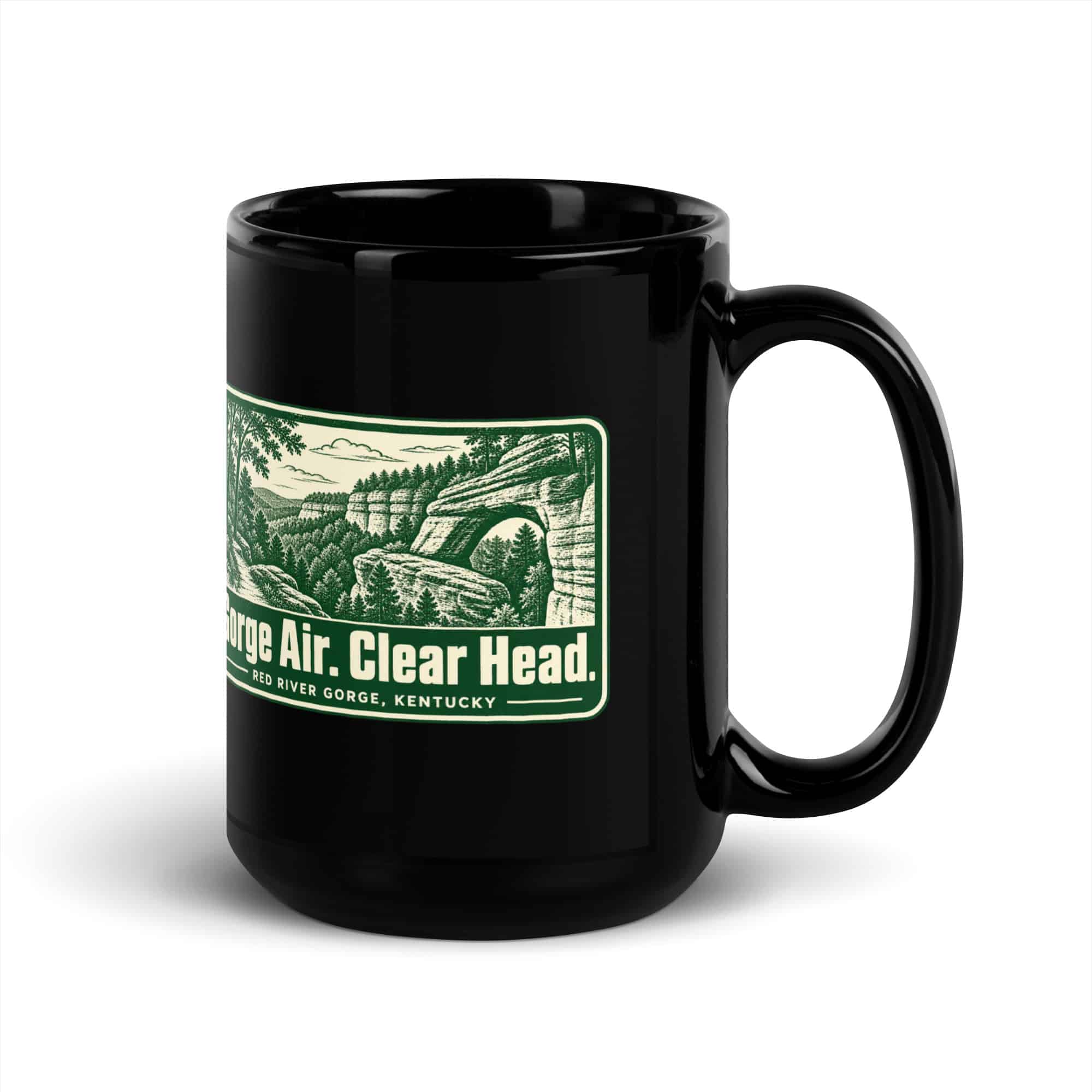 Red River Gorge Black Coffee Mug: Gorge Air. Clear Head, Forest Ink Stamp