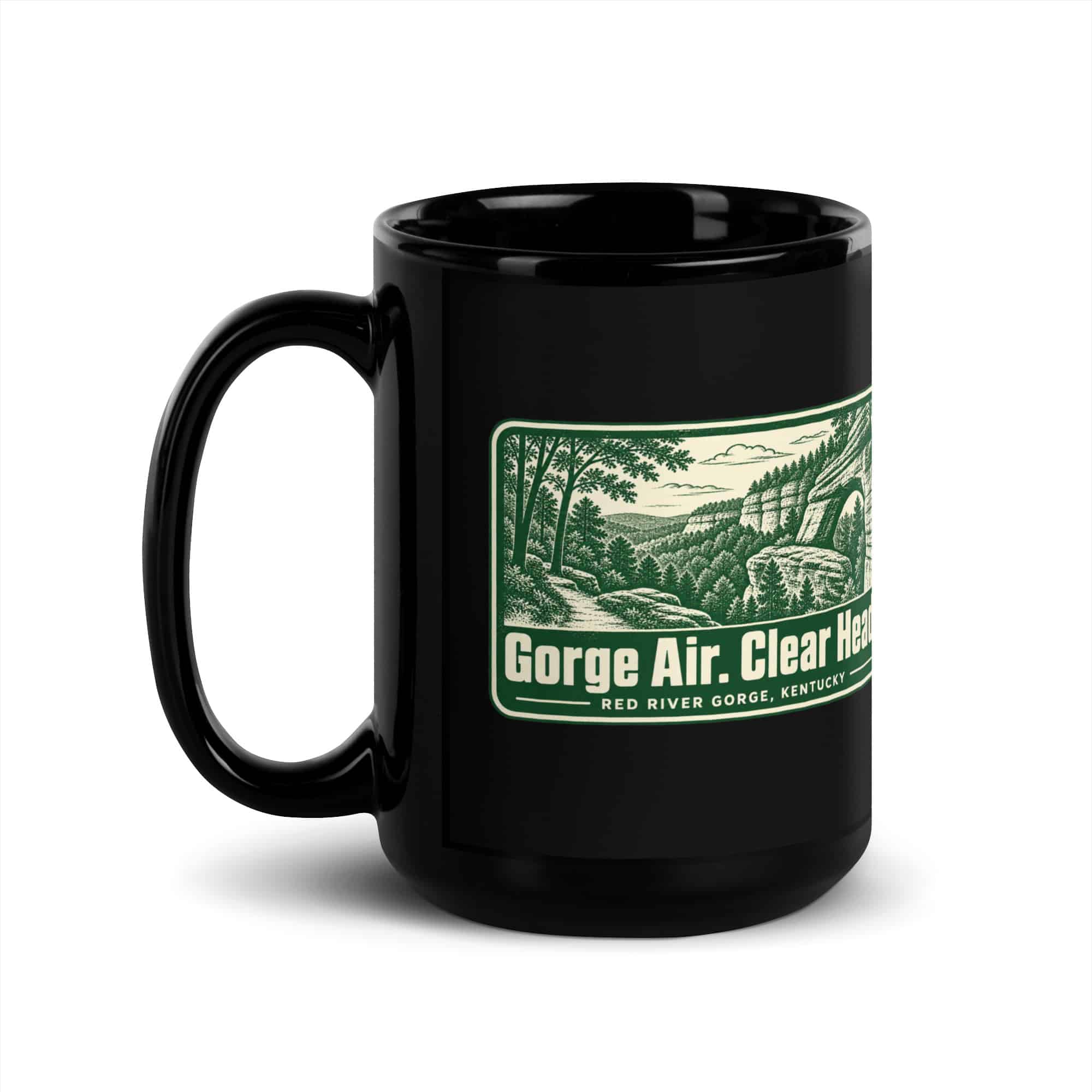 Red River Gorge Black Coffee Mug: Gorge Air. Clear Head, Forest Ink Stamp