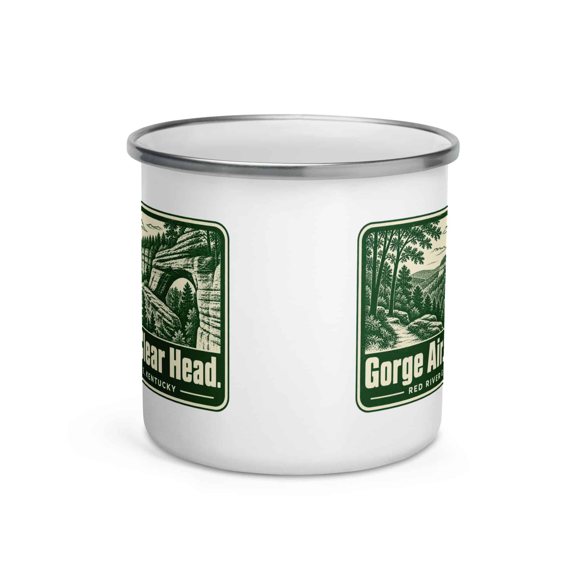Red River Gorge Enamel Camp Mug: Gorge Air. Clear Head, Forest Ink Stamp