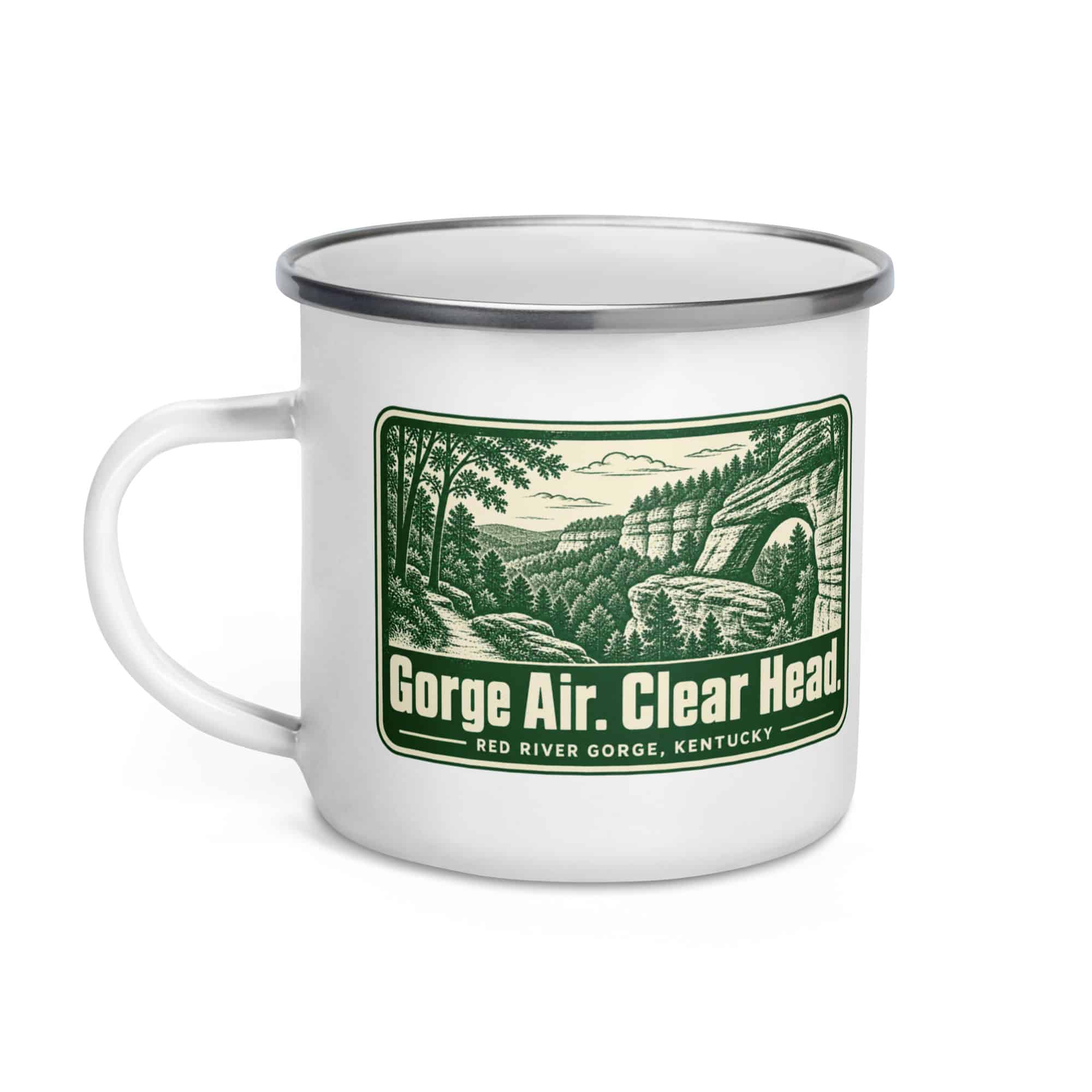 Red River Gorge Enamel Camp Mug: Gorge Air. Clear Head, Forest Ink Stamp