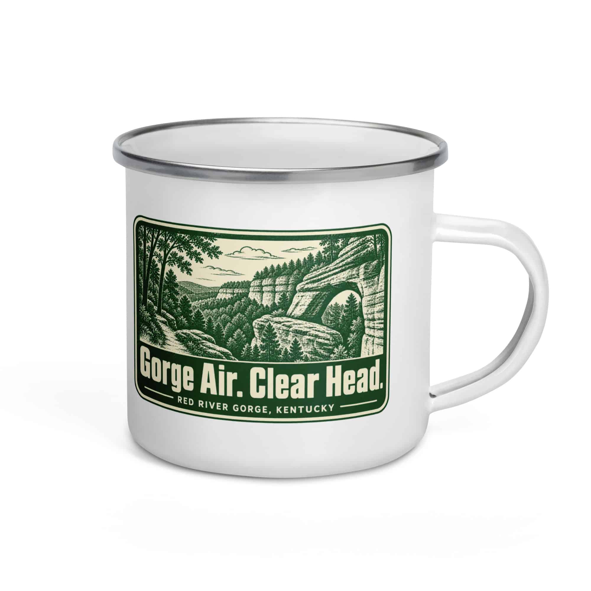 Red River Gorge Enamel Camp Mug: Gorge Air. Clear Head, Forest Ink Stamp