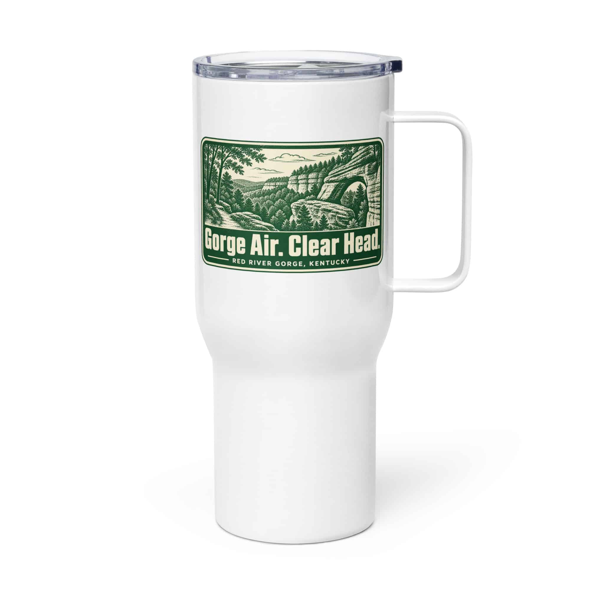 Red River Gorge Travel Mug: Gorge Air. Clear Head, Forest Ink Stamp