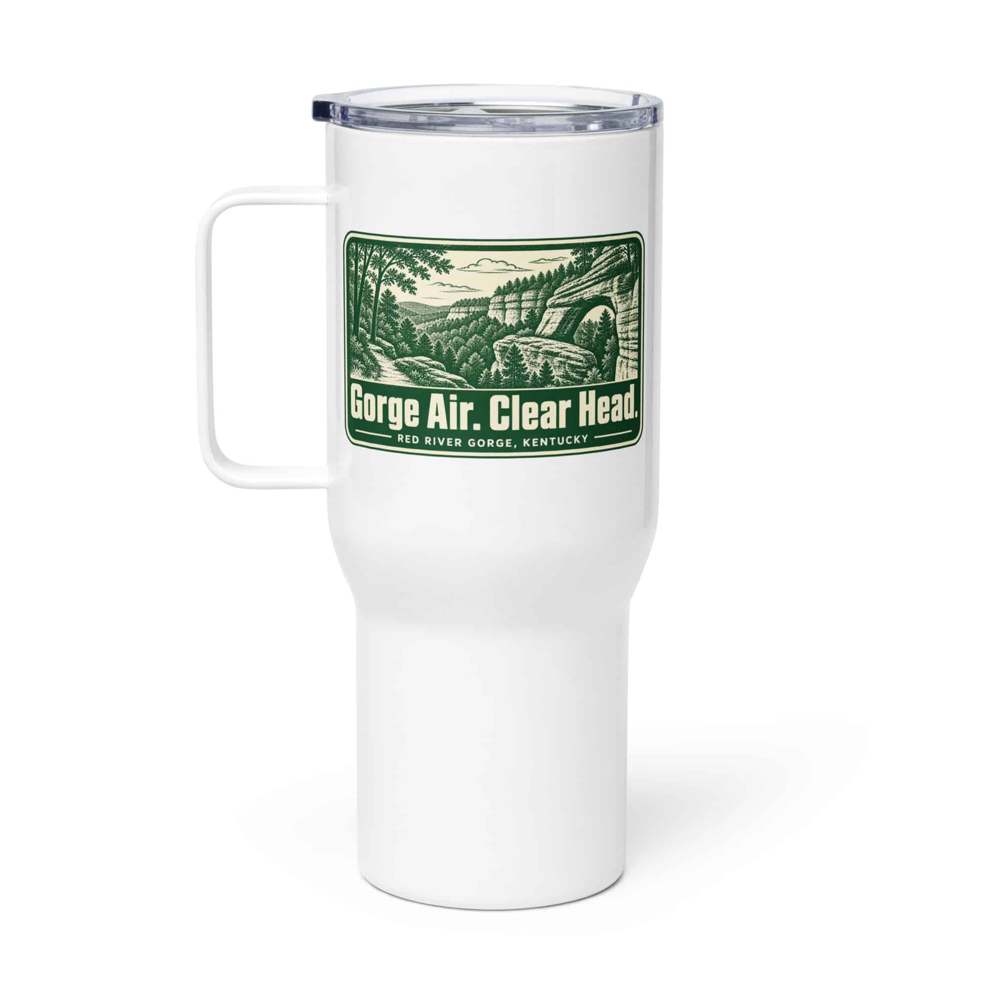 Red River Gorge Travel Mug: Gorge Air. Clear Head, Forest Ink Stamp