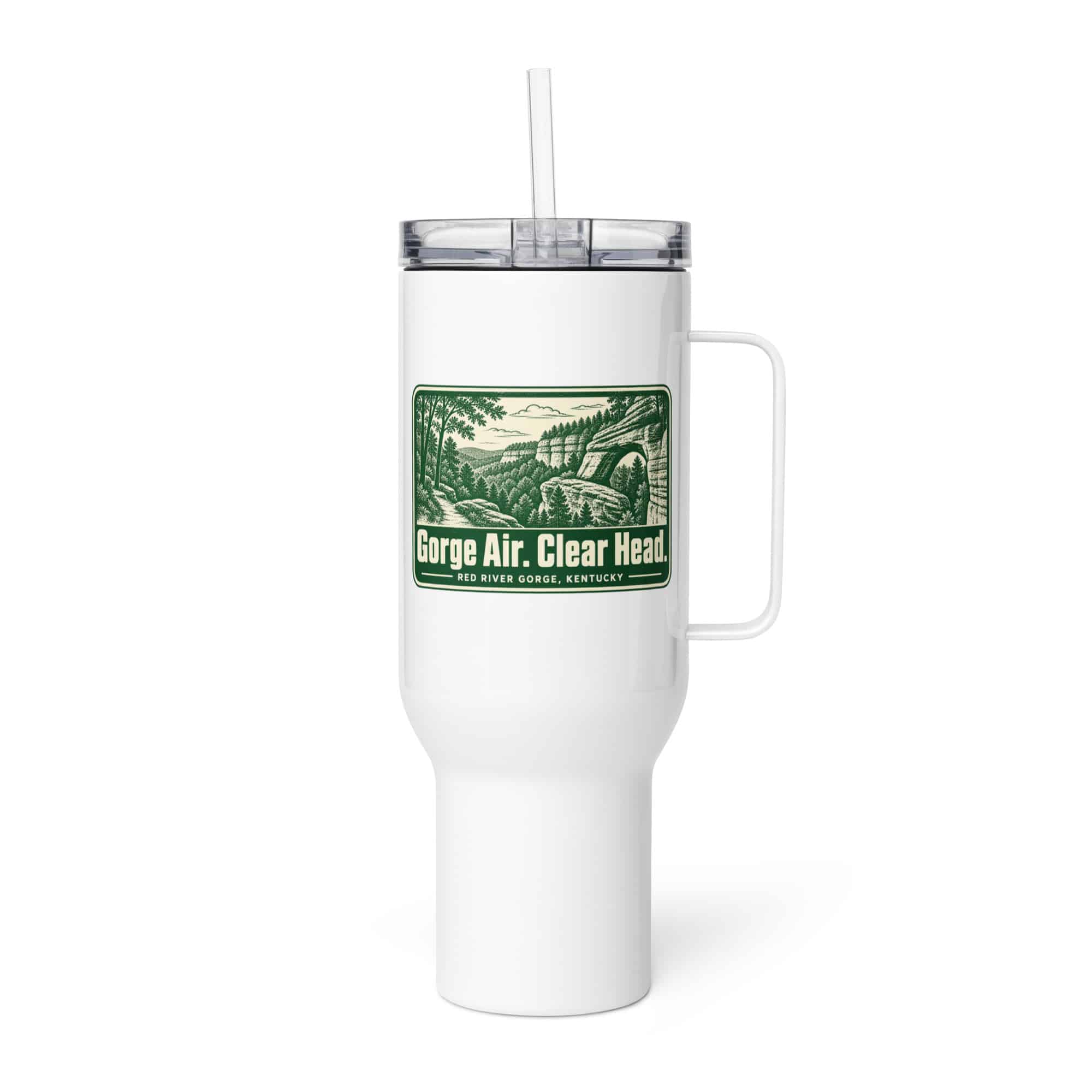 Red River Gorge Travel Mug: Gorge Air. Clear Head, Forest Ink Stamp