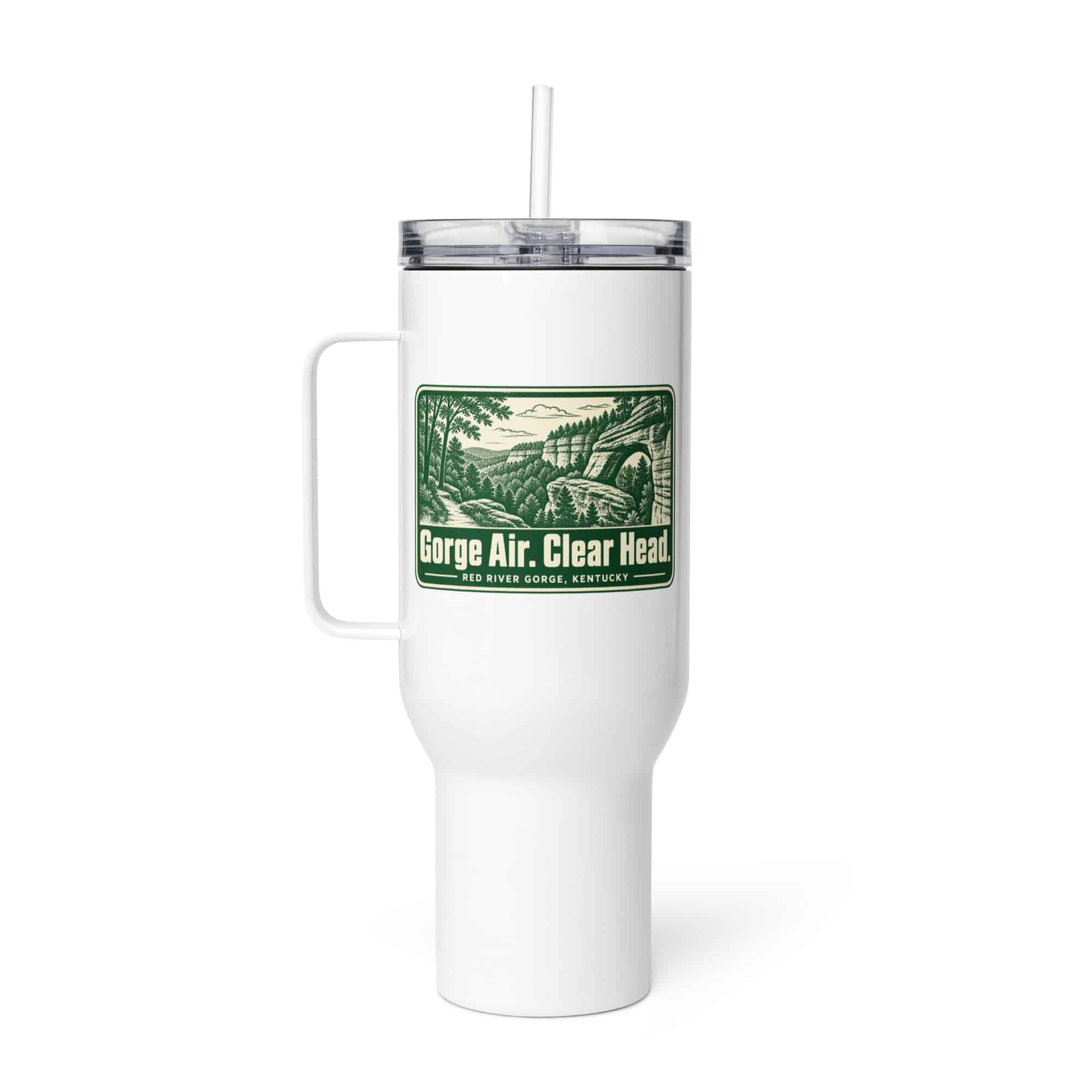 Red River Gorge Travel Mug: Gorge Air. Clear Head, Forest Ink Stamp