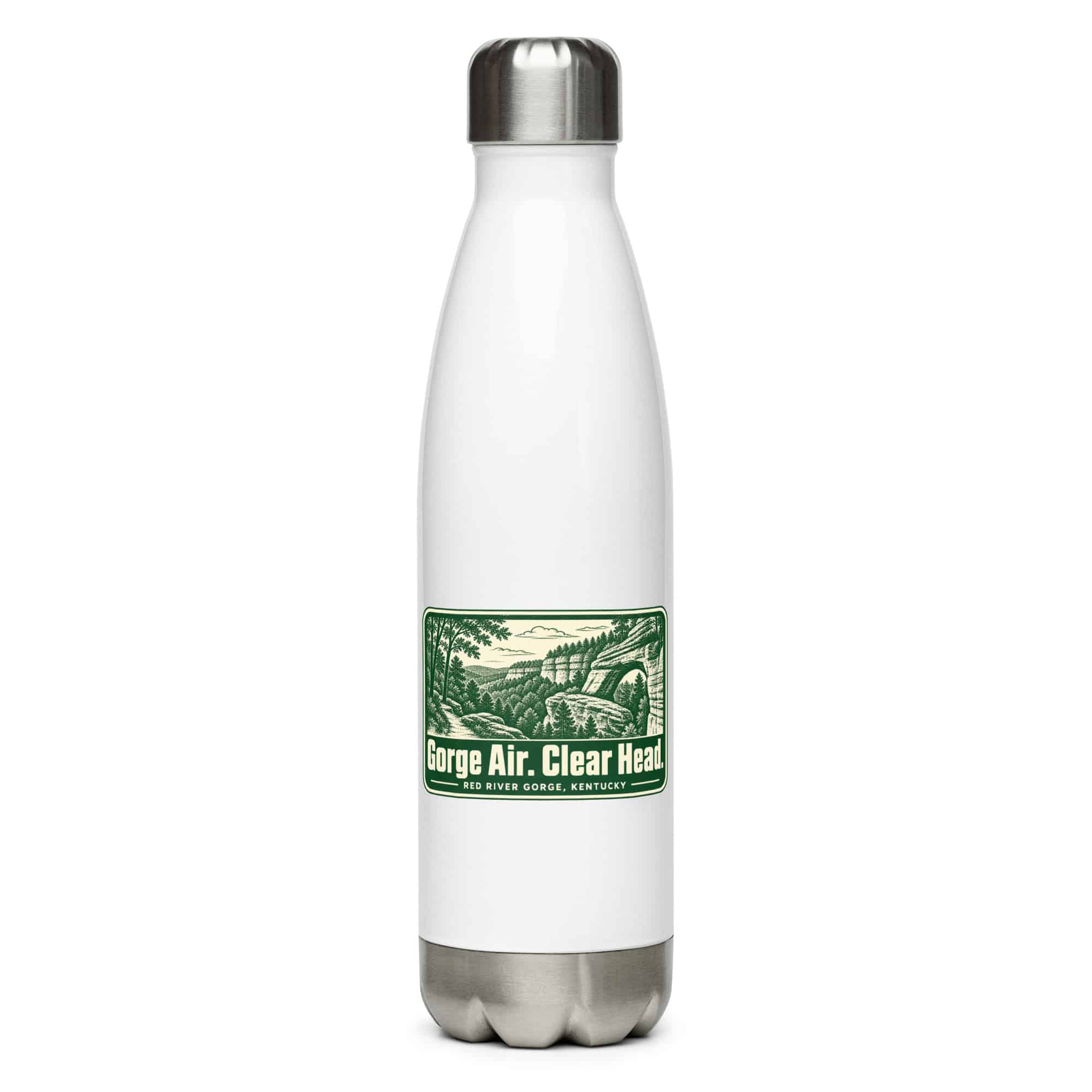 Red River Gorge Stainless Steel Water Bottle: Gorge Air. Clear Head, Forest Ink Stamp