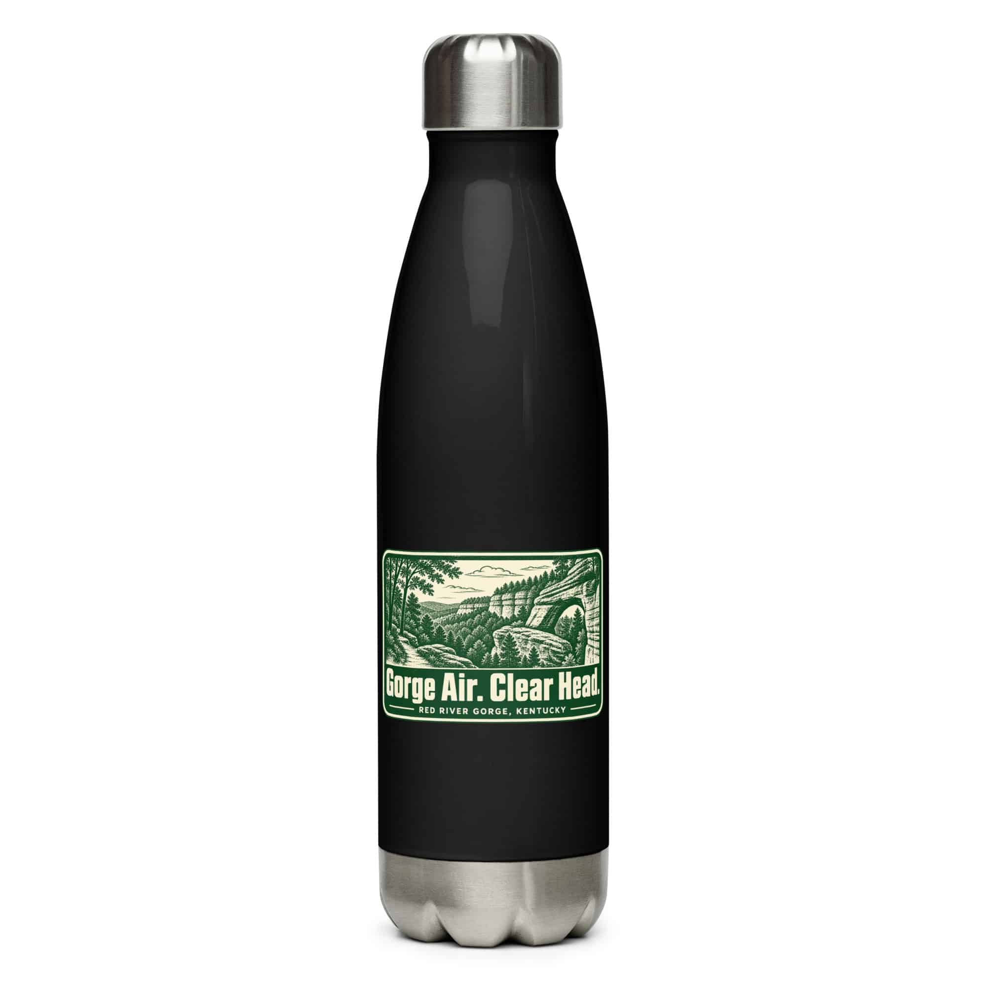 Red River Gorge Stainless Steel Water Bottle: Gorge Air. Clear Head, Forest Ink Stamp