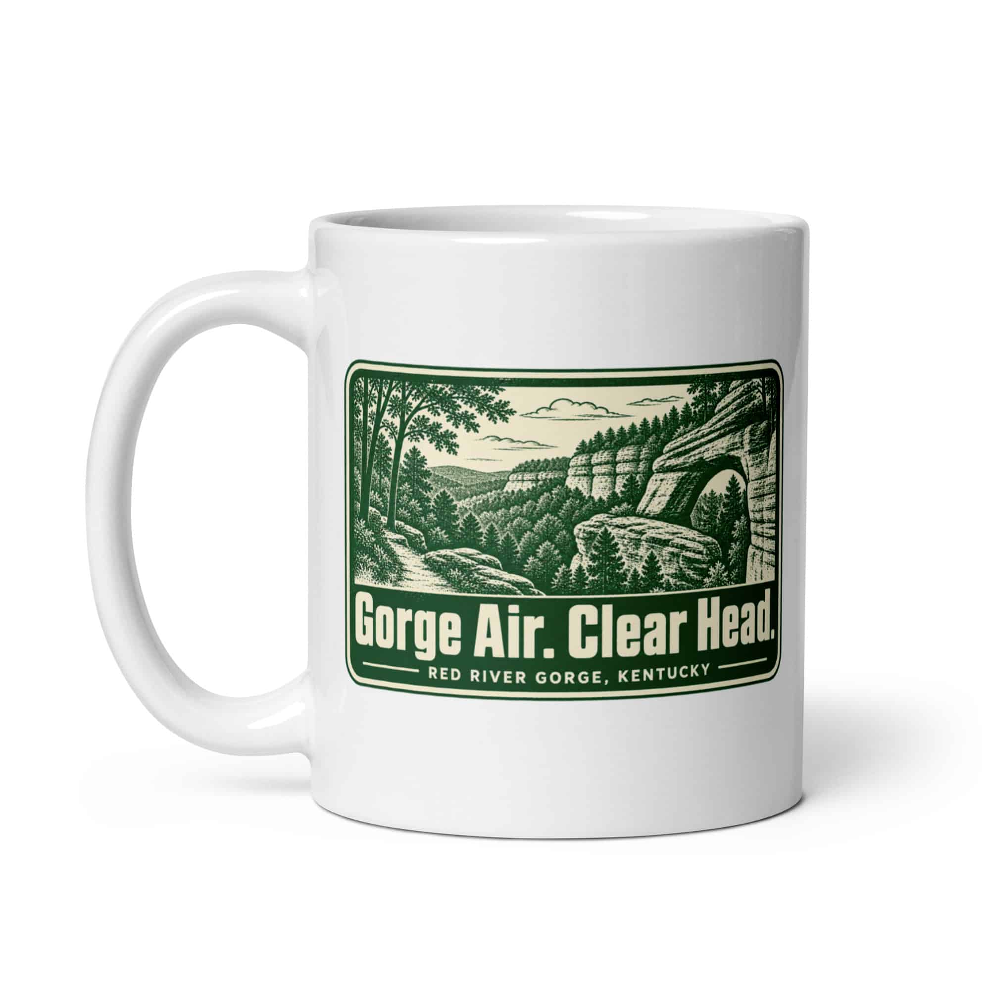 Red River Gorge White Ceramic Coffee Mug: Gorge Air. Clear Head, Forest Ink Stamp