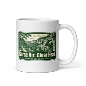 Red River Gorge White Ceramic Coffee Mug: Gorge Air. Clear Head, Forest Ink Stamp - 11 oz - Main