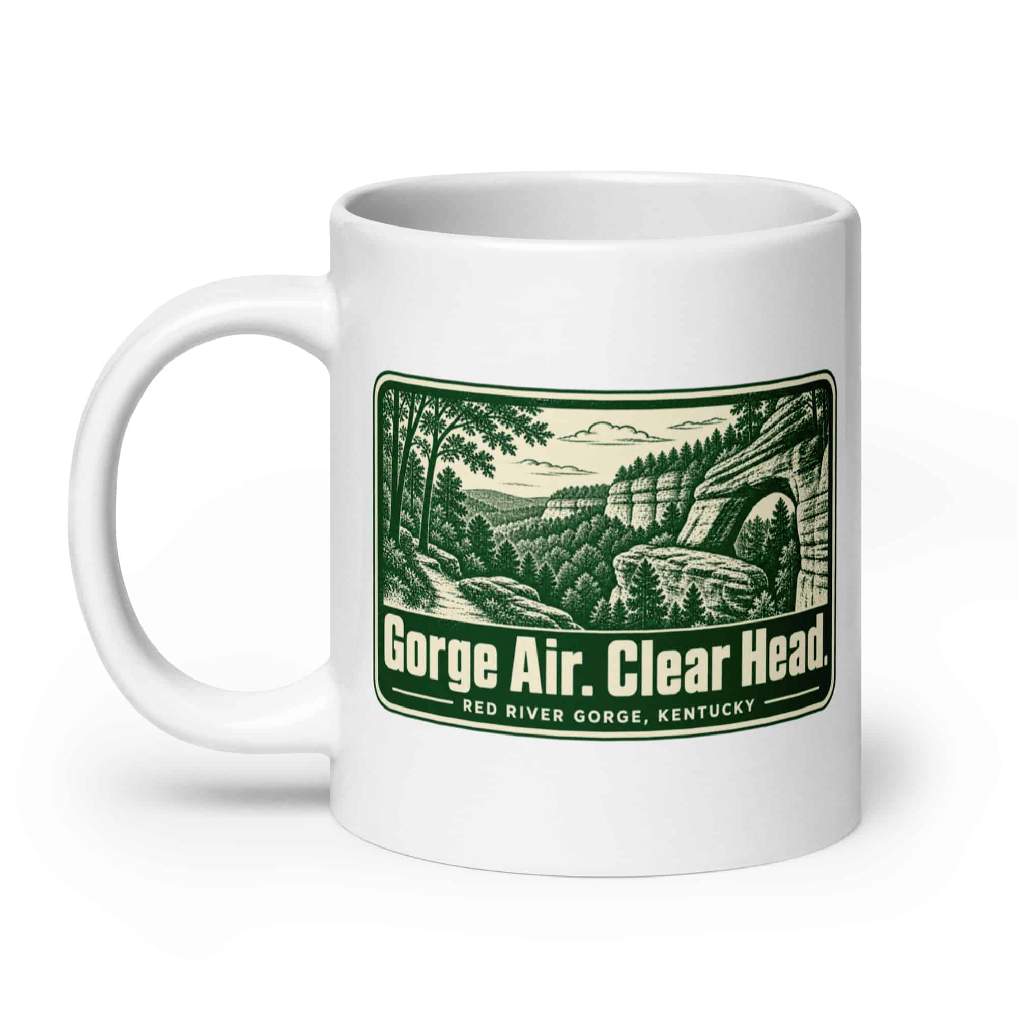 Red River Gorge White Ceramic Coffee Mug: Gorge Air. Clear Head, Forest Ink Stamp