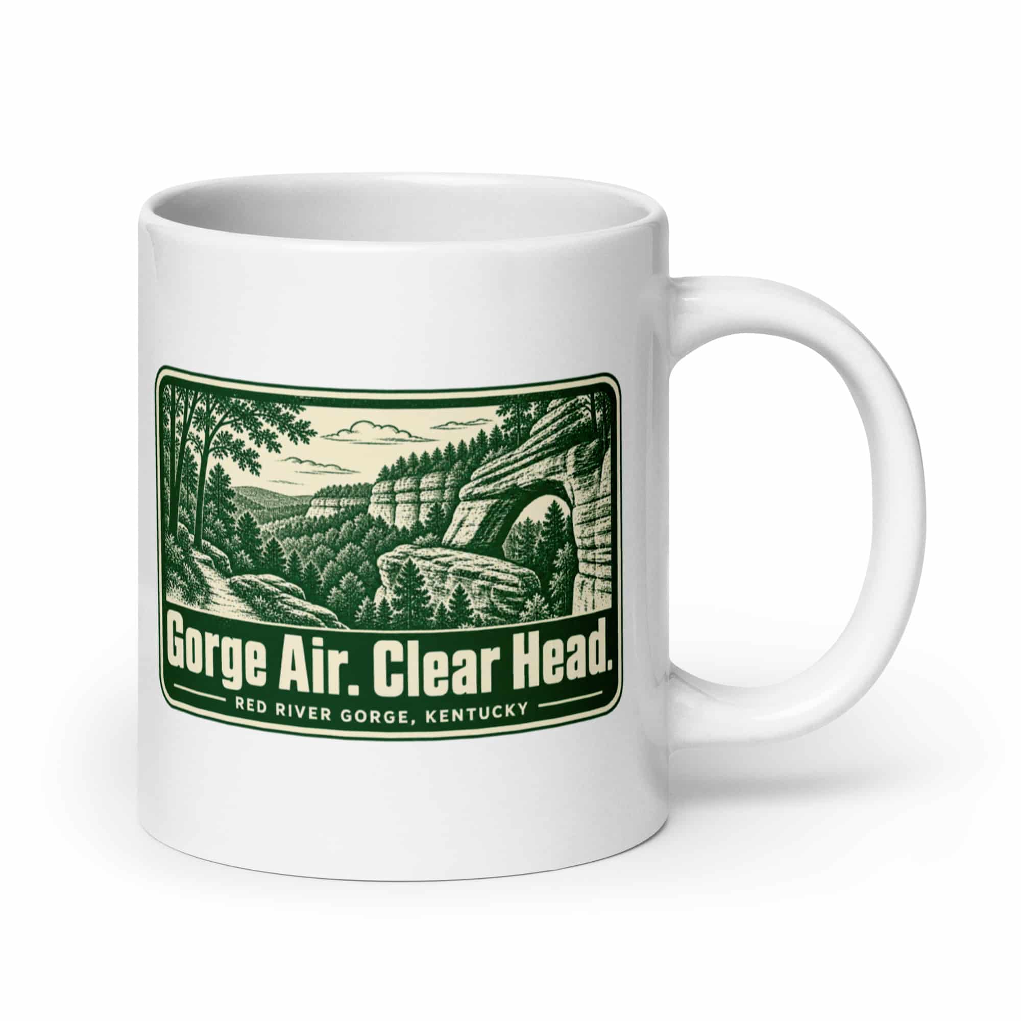 Red River Gorge White Ceramic Coffee Mug: Gorge Air. Clear Head, Forest Ink Stamp