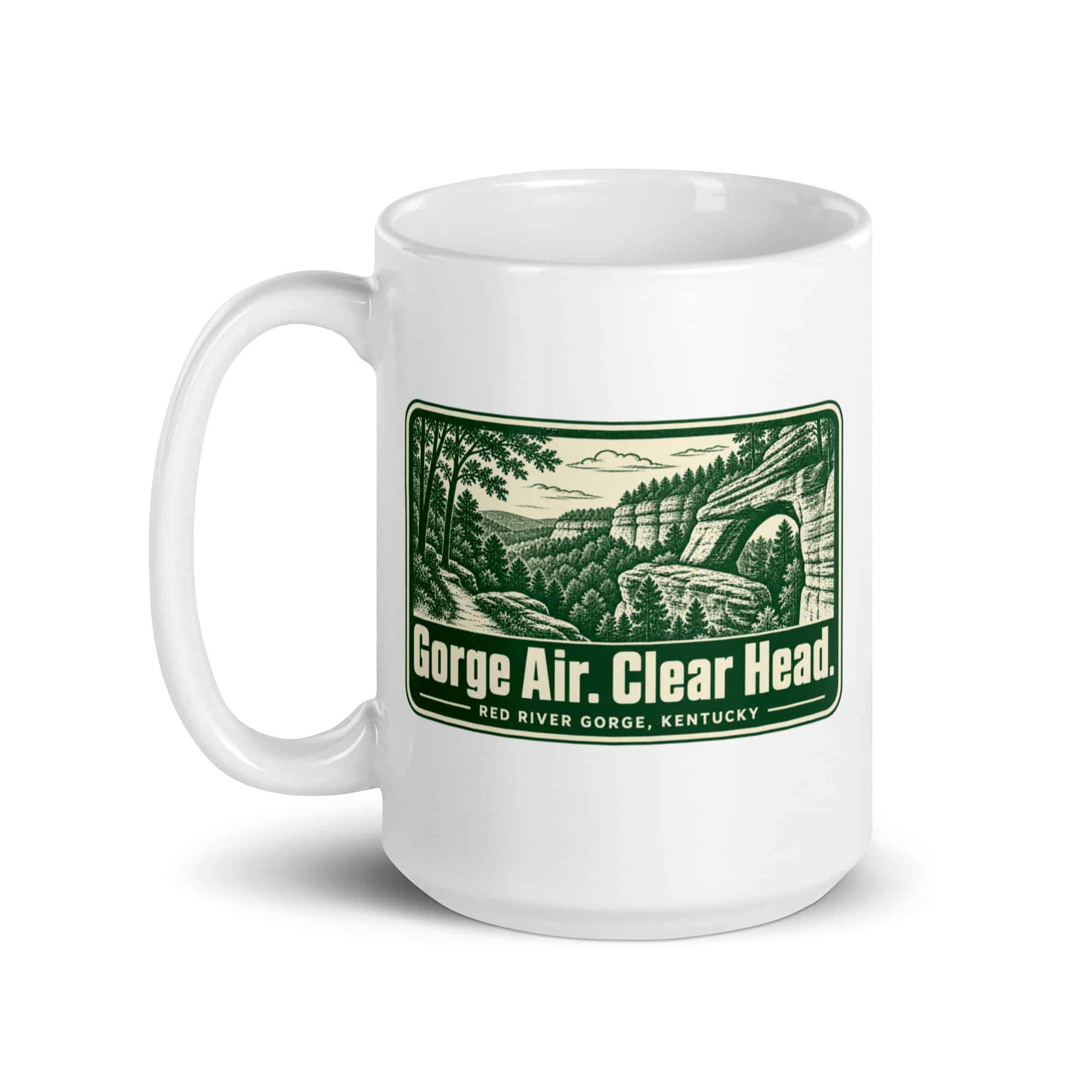 Red River Gorge White Ceramic Coffee Mug: Gorge Air. Clear Head, Forest Ink Stamp