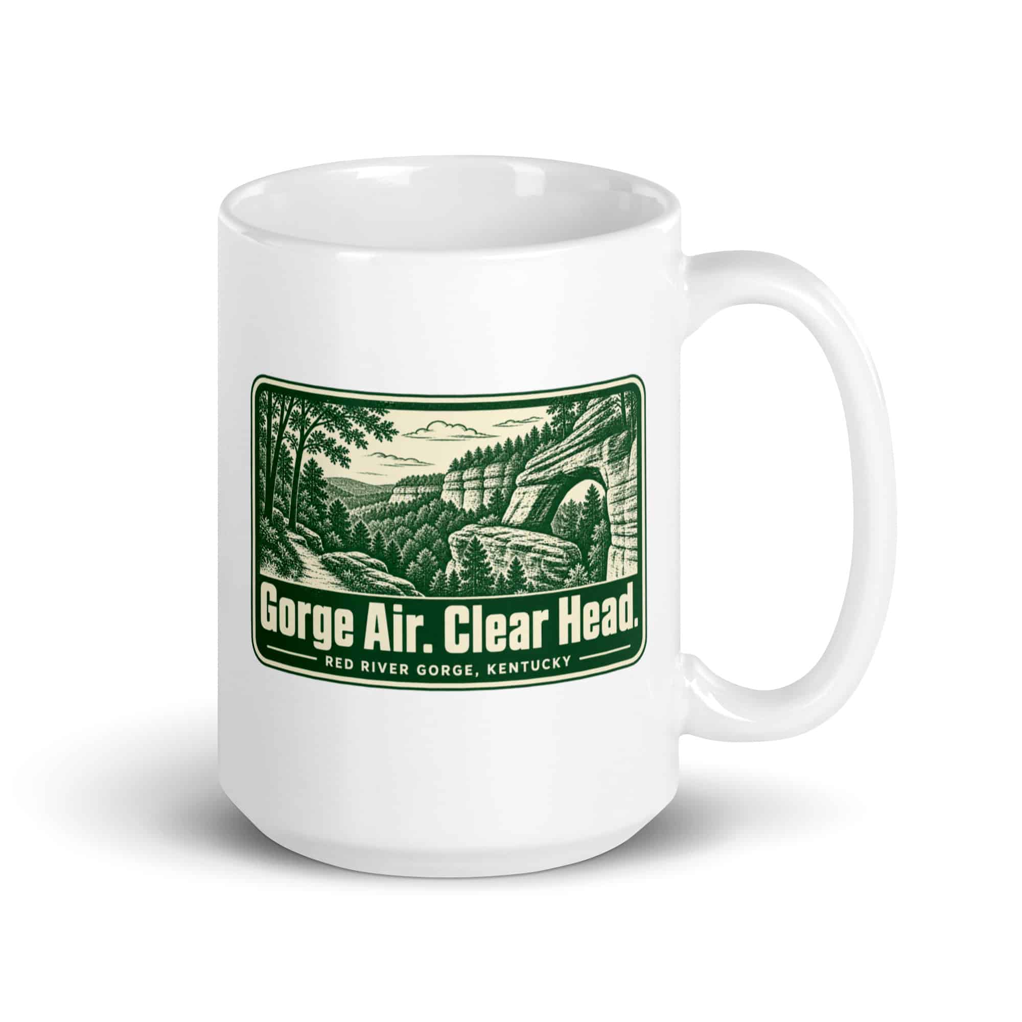 Red River Gorge White Ceramic Coffee Mug: Gorge Air. Clear Head, Forest Ink Stamp