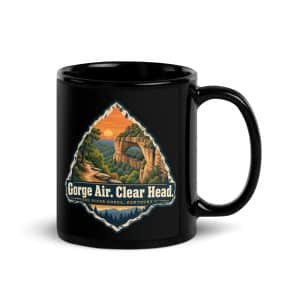 Red River Gorge Black Coffee Mug: Gorge Air. Clear Head, Scenic Shield Badge - 11 oz - Handle on Right