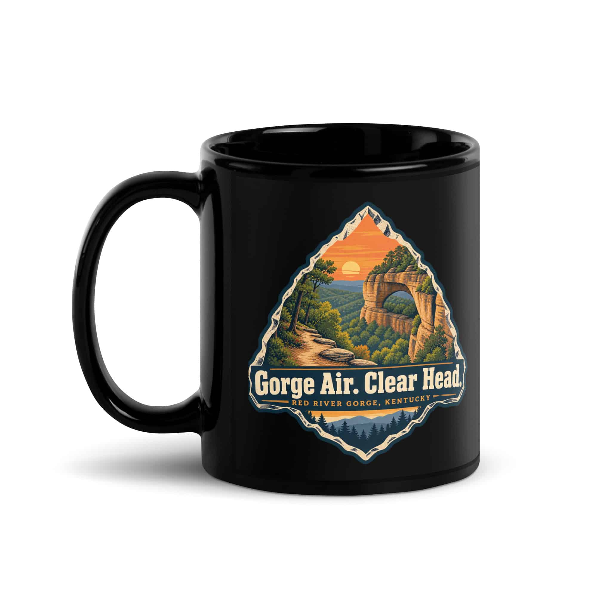 Red River Gorge Black Coffee Mug: Gorge Air. Clear Head, Scenic Shield Badge