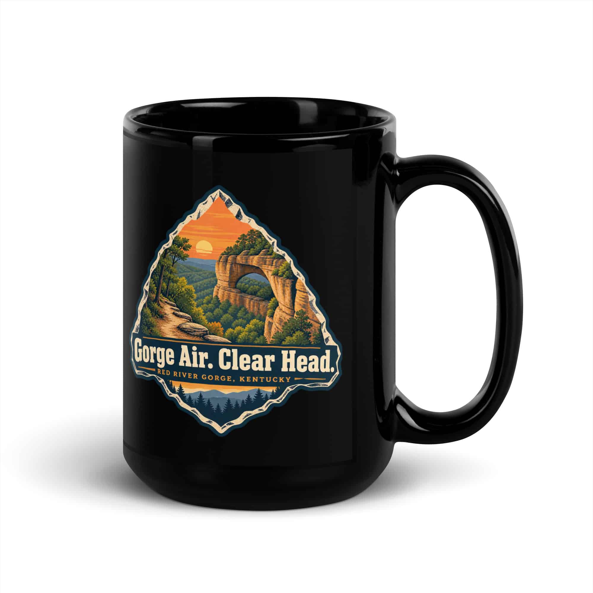Red River Gorge Black Coffee Mug: Gorge Air. Clear Head, Scenic Shield Badge