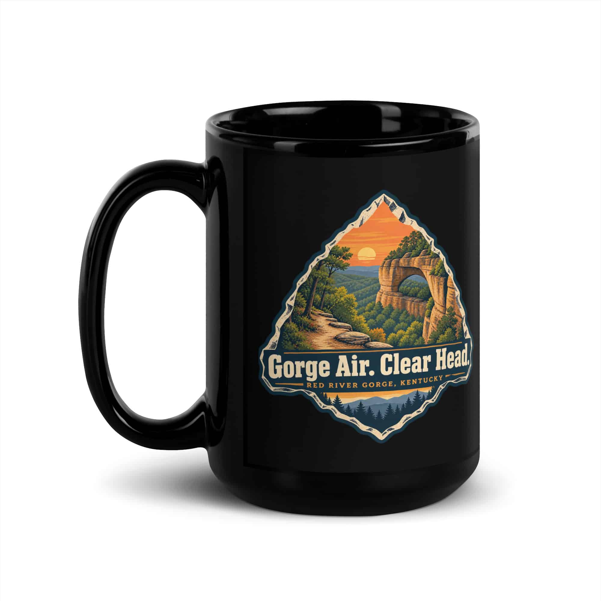 Red River Gorge Black Coffee Mug: Gorge Air. Clear Head, Scenic Shield Badge