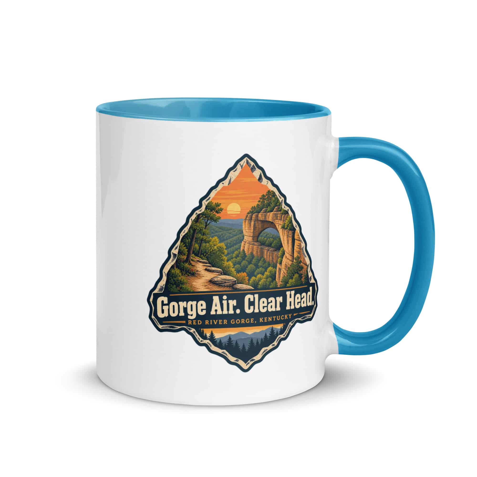 Red River Gorge Color Inside Coffee Mug: Gorge Air. Clear Head, Scenic Shield Badge