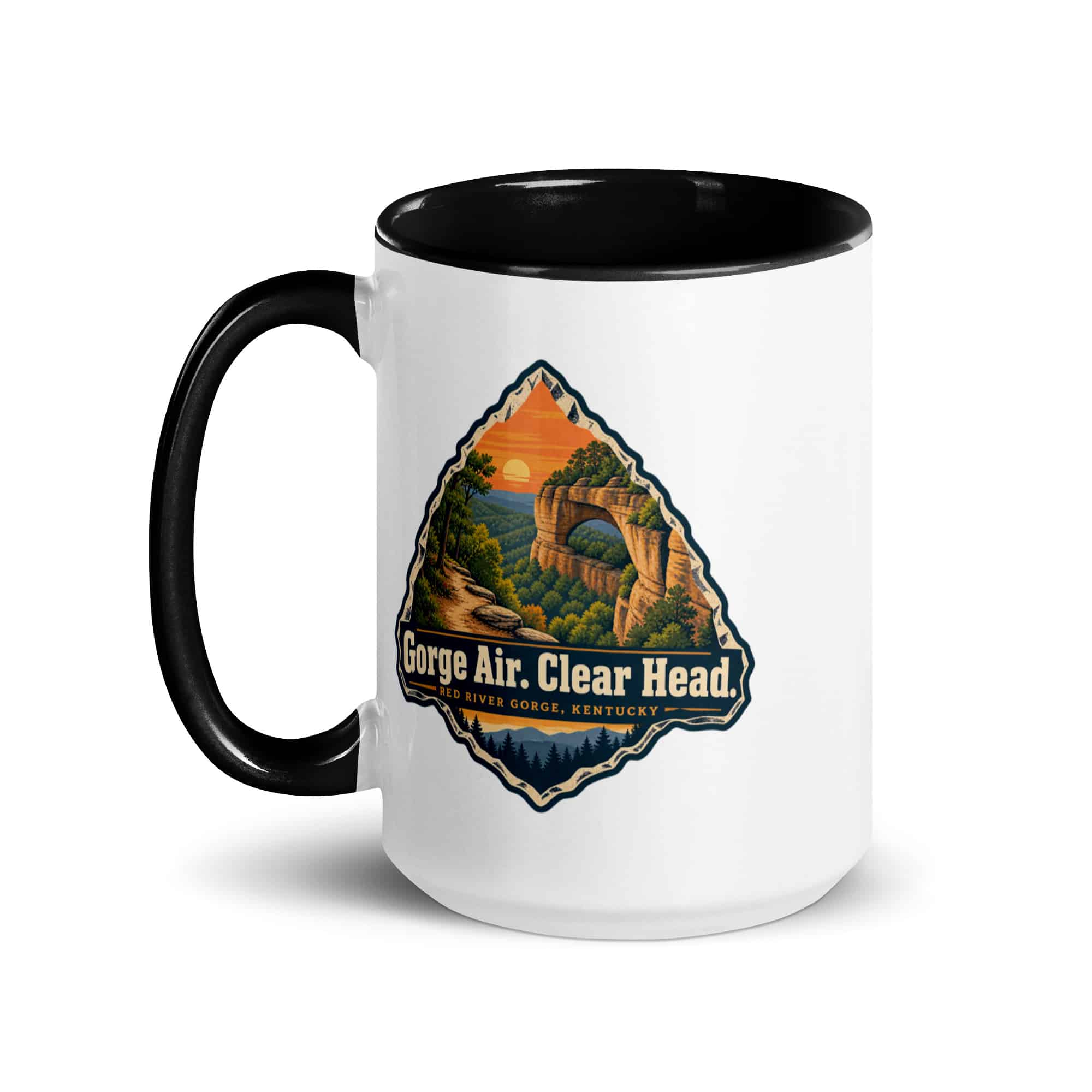 Red River Gorge Color Inside Coffee Mug: Gorge Air. Clear Head, Scenic Shield Badge