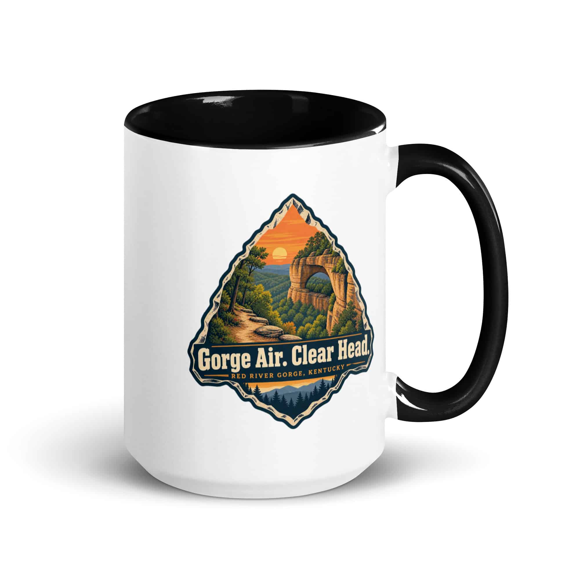 Red River Gorge Color Inside Coffee Mug: Gorge Air. Clear Head, Scenic Shield Badge
