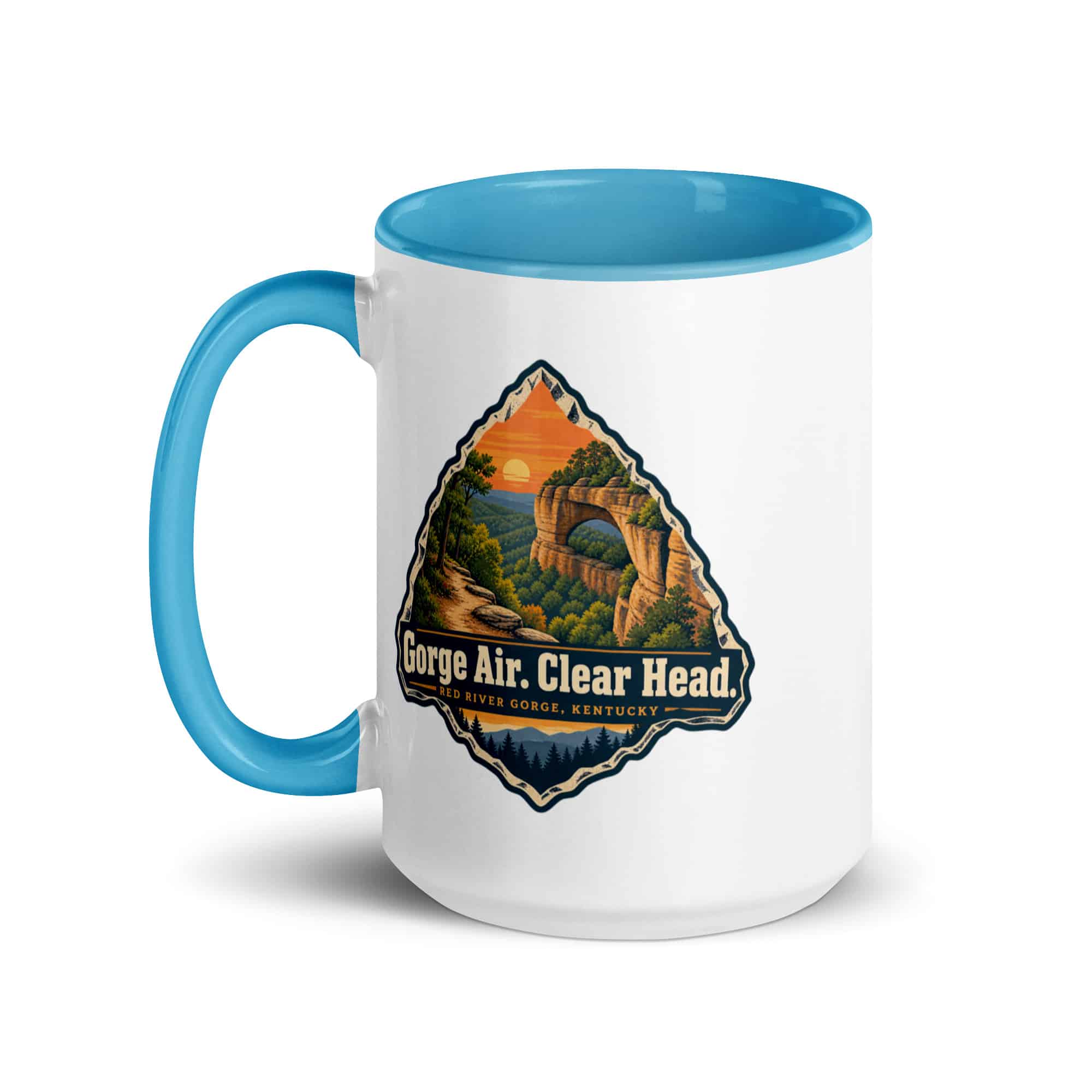 Red River Gorge Color Inside Coffee Mug: Gorge Air. Clear Head, Scenic Shield Badge