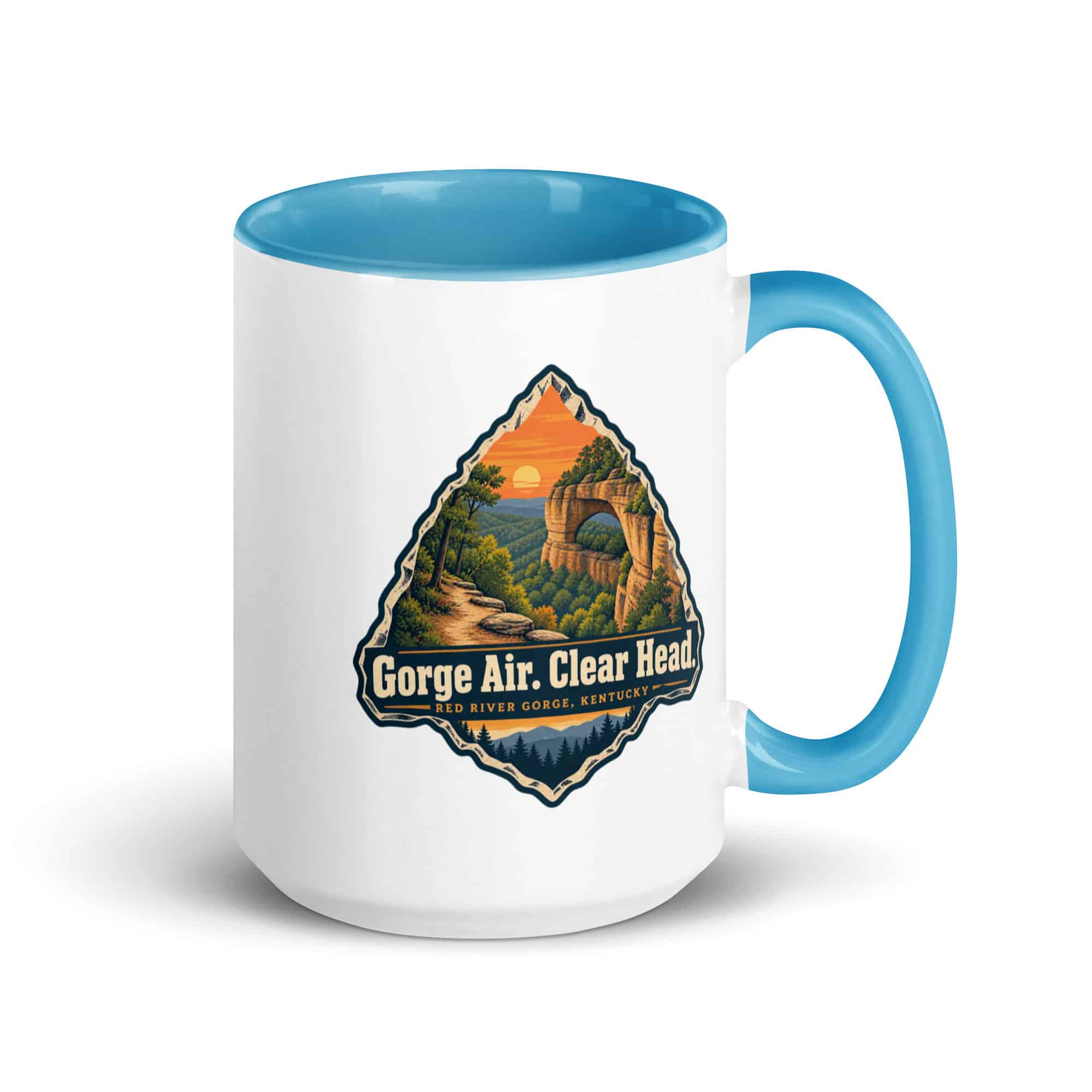 Red River Gorge Color Inside Coffee Mug: Gorge Air. Clear Head, Scenic Shield Badge