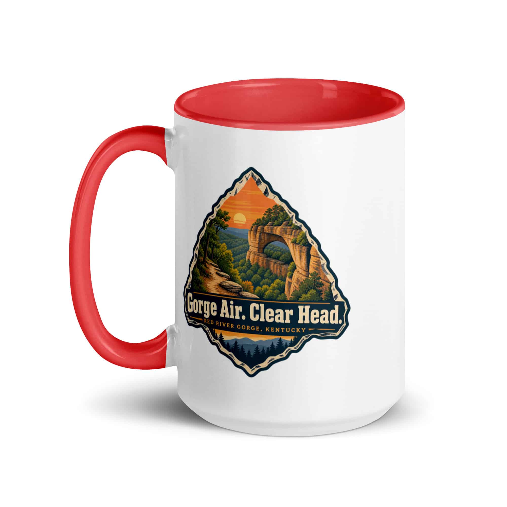 Red River Gorge Color Inside Coffee Mug: Gorge Air. Clear Head, Scenic Shield Badge